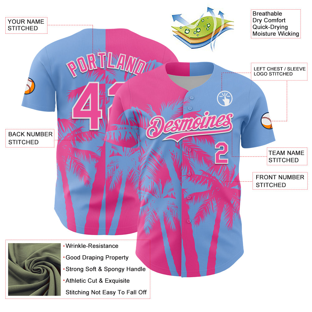 Custom Light Blue Pink-White 3D Pattern Design Hawaii Palm Trees Tropical Coconut Authentic Baseball Jersey