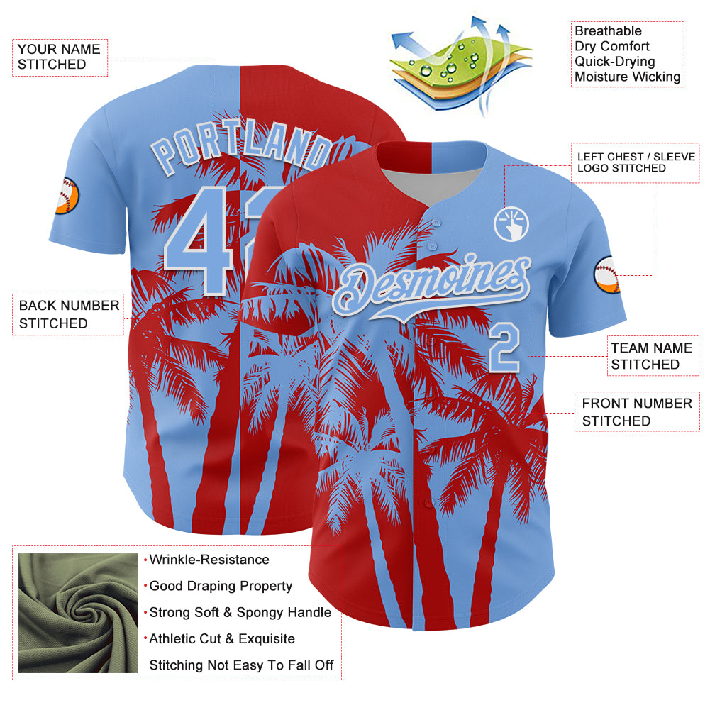 Custom Light Blue Red-White 3D Pattern Design Hawaii Palm Trees Tropical Coconut Authentic Baseball Jersey
