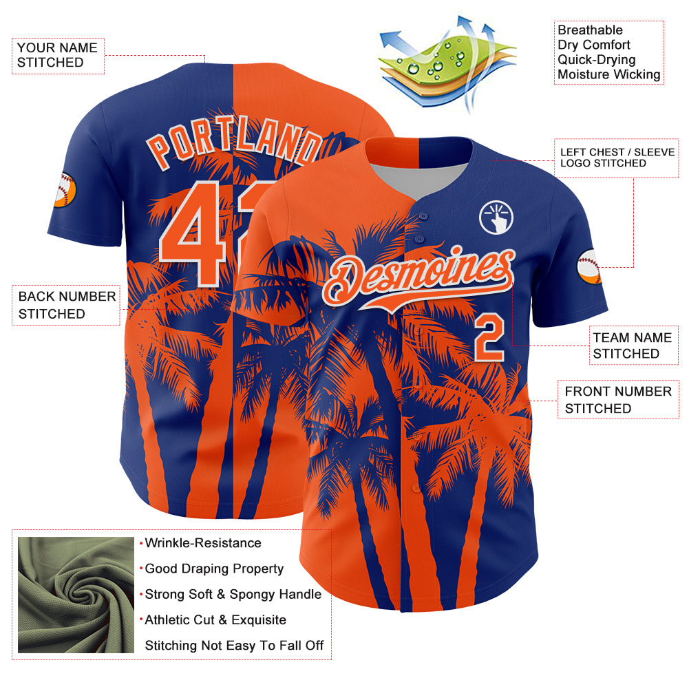 Custom Royal Orange-White 3D Pattern Design Hawaii Palm Trees Tropical Coconut Authentic Baseball Jersey