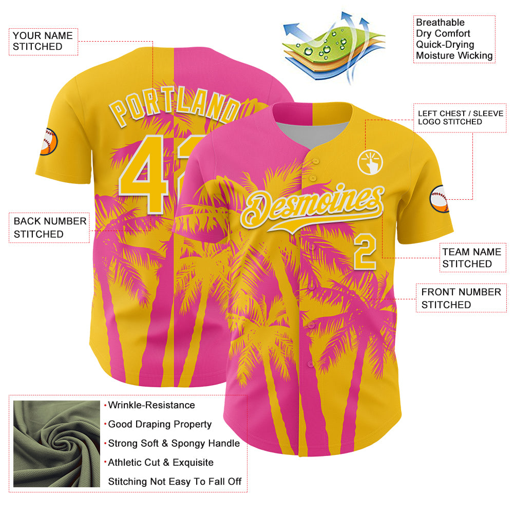 Custom Yellow Pink-White 3D Pattern Design Hawaii Palm Trees Tropical Coconut Authentic Baseball Jersey
