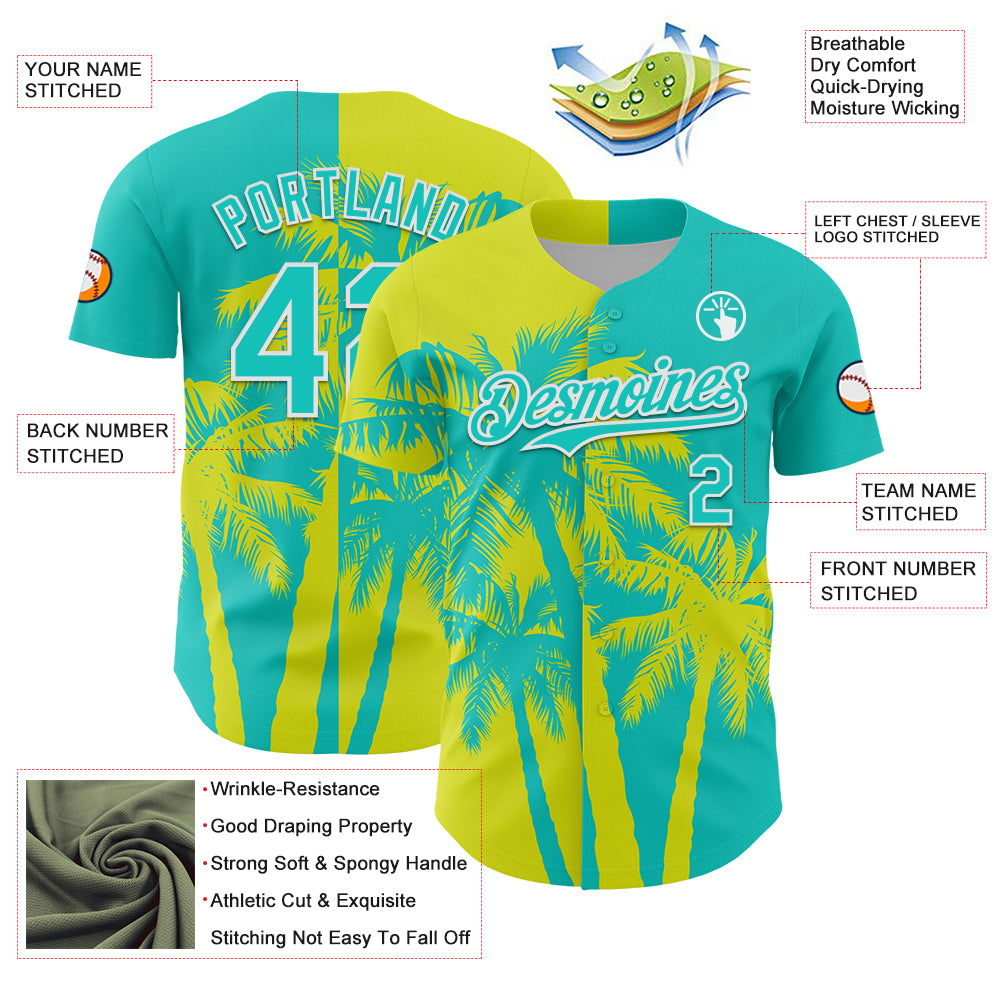 Custom Aqua Neon Yellow-White 3D Pattern Design Hawaii Palm Trees Tropical Coconut Authentic Baseball Jersey