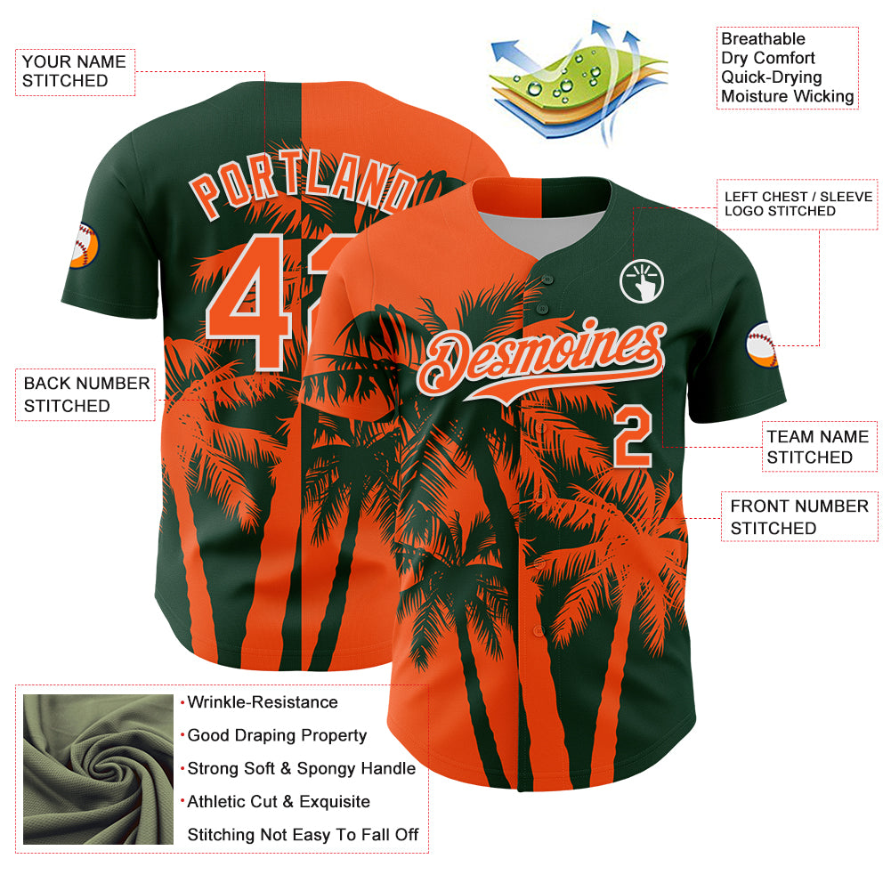 Custom Green Orange-White 3D Pattern Design Hawaii Palm Trees Tropical Coconut Authentic Baseball Jersey
