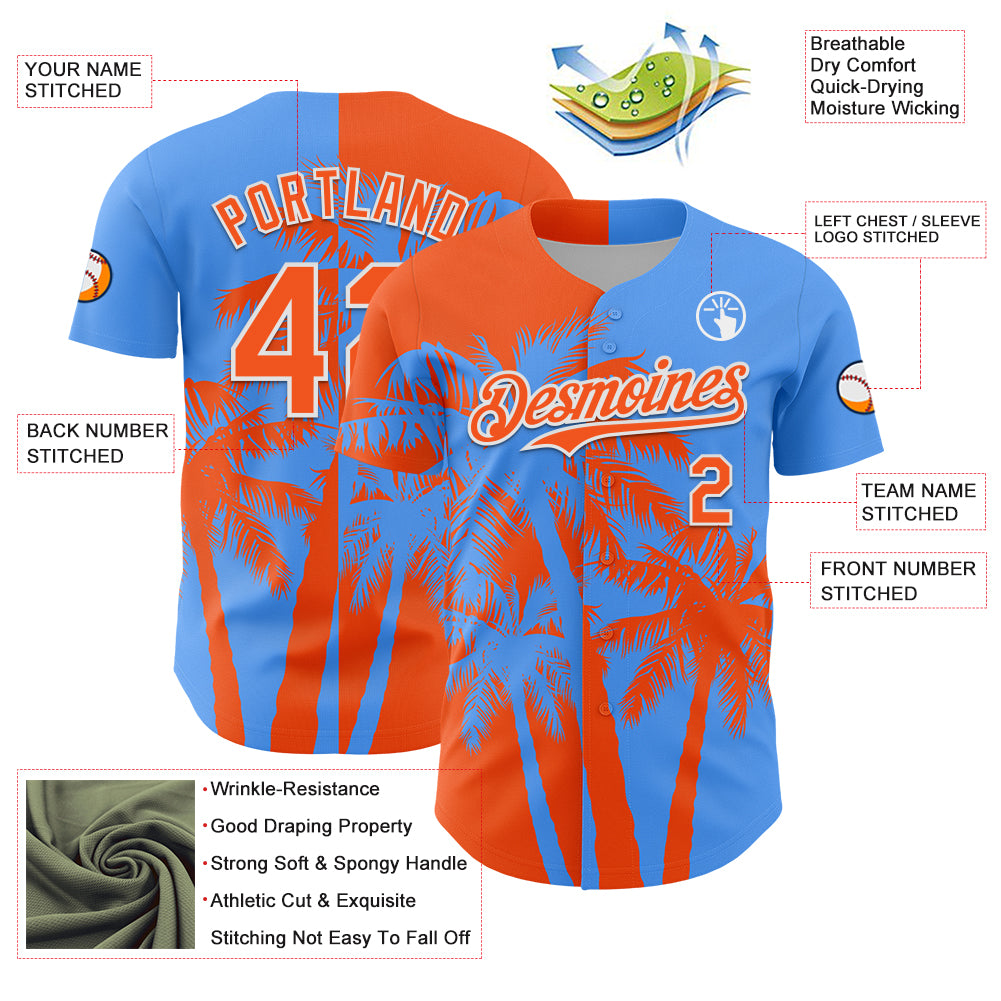 Custom Electric Blue Orange-White 3D Pattern Design Hawaii Palm Trees Tropical Coconut Authentic Baseball Jersey