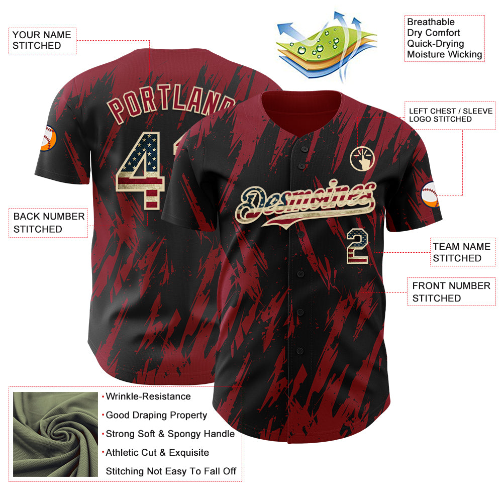 Custom Black Vintage USA Flag Cream-Crimson 3D Pattern Design Splatter Torn Sharp Brush Stroke Authentic Baseball Jersey