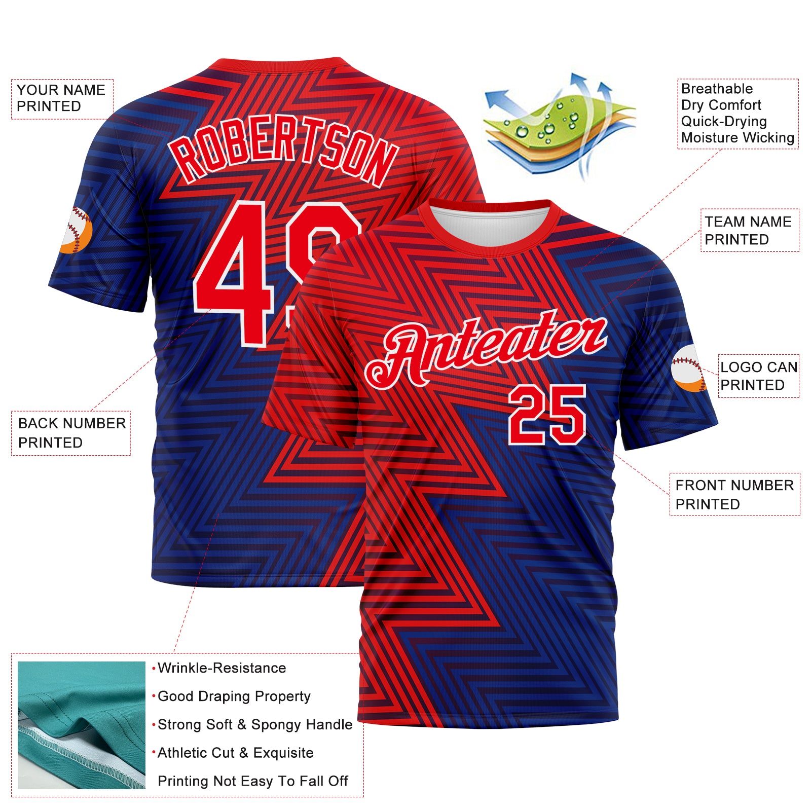 Custom Fire Red Blue-White 3D Pattern Zigzag Lineal Performance T-Shirt