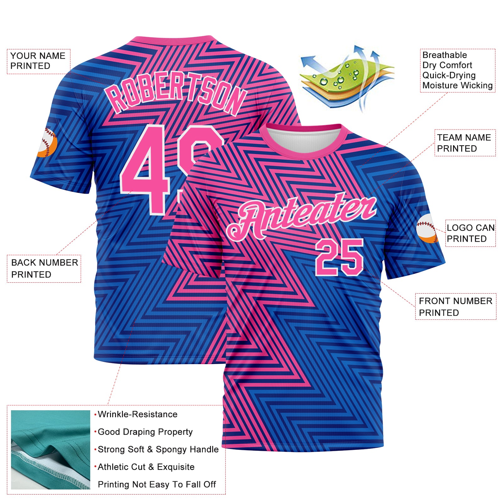 Custom Pink Sky Blue-Black 3D Pattern Zigzag Lineal Performance T-Shirt