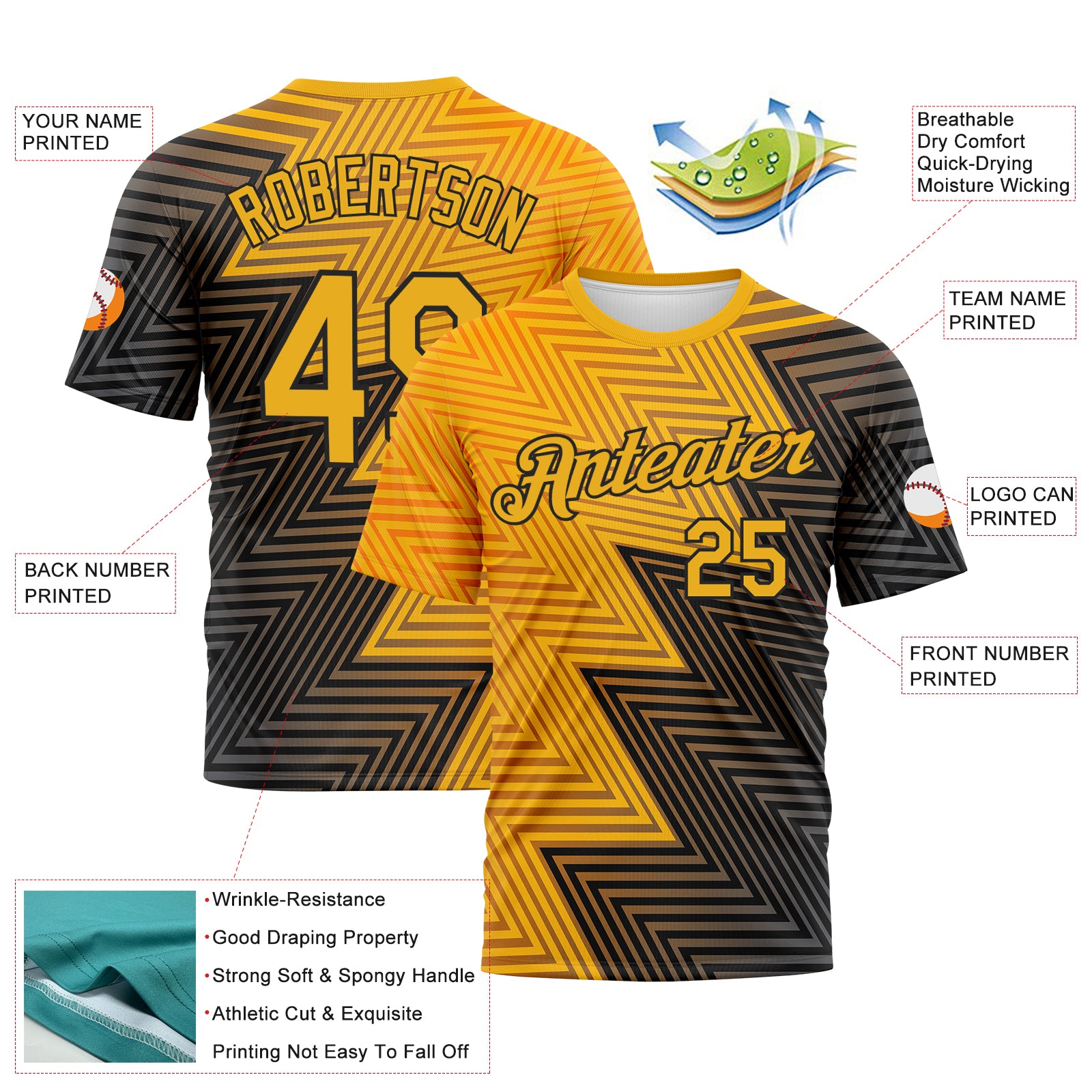 Custom Gold-Black 3D Pattern Zigzag Lineal Performance T-Shirt
