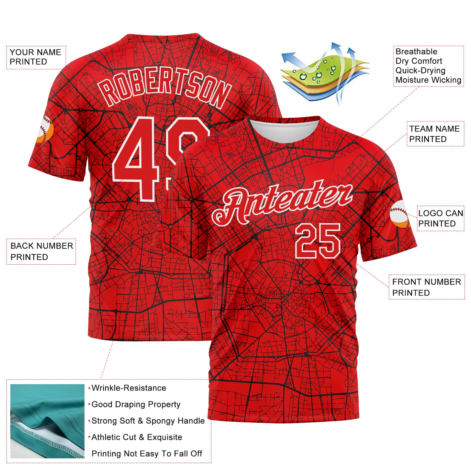 Custom Fire Red-White 3D Pattern City Street Map Urban Grid Performance T-Shirt