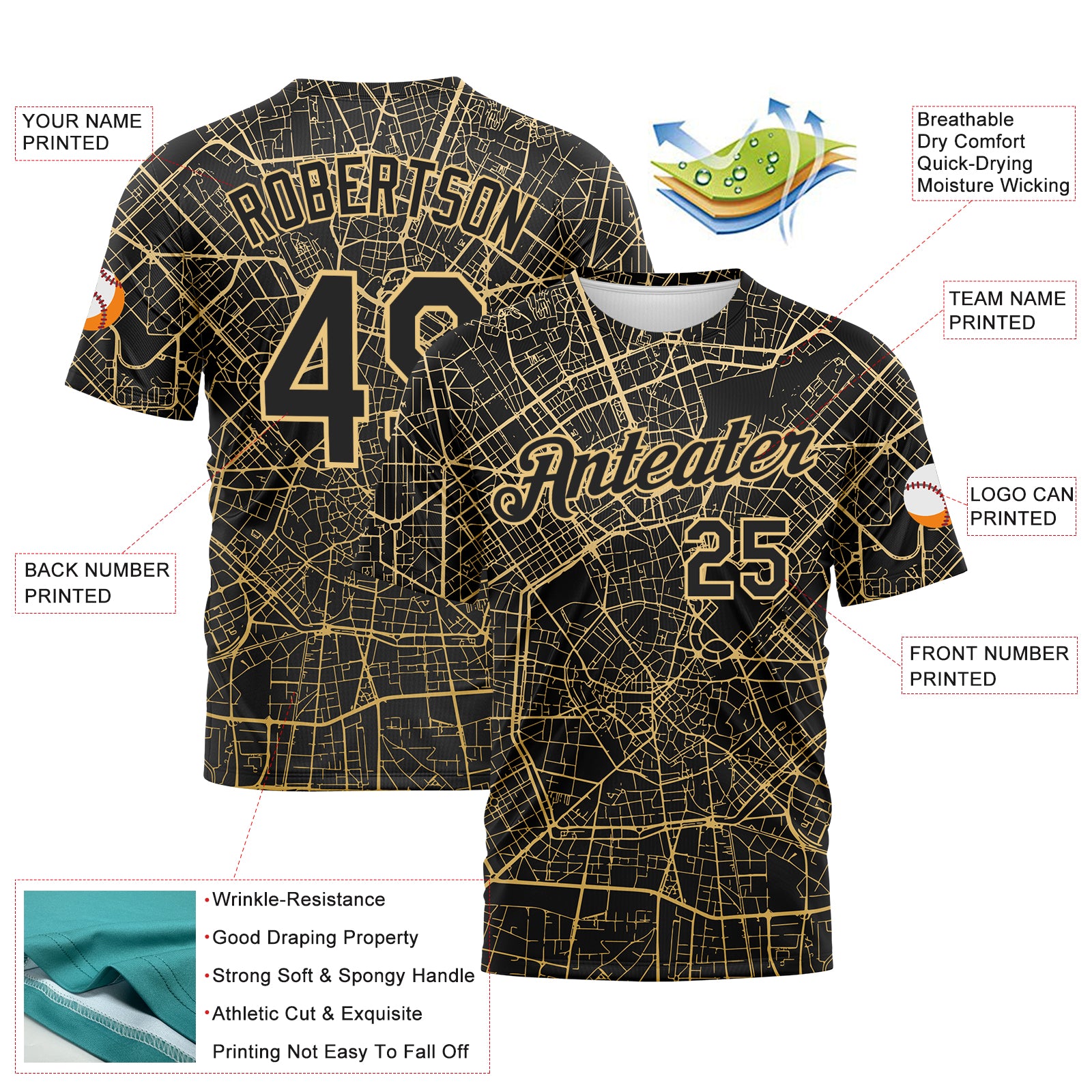 Custom Black-City Cream 3D Pattern City Street Map Urban Grid Performance T-Shirt
