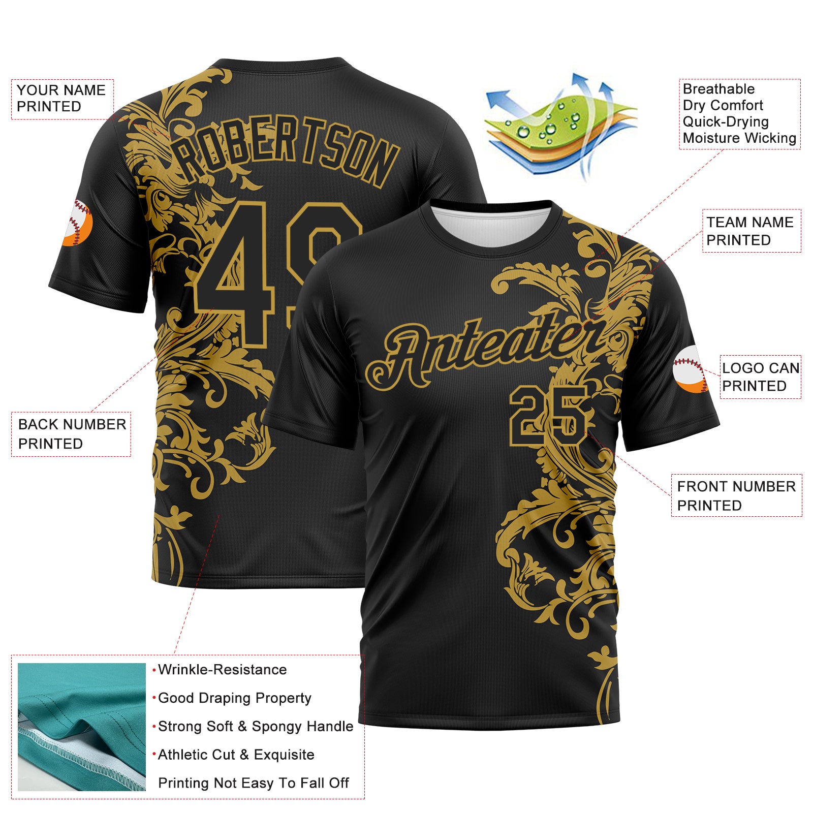Custom Black-Old Gold 3D Pattern Baroque Rococo Floral Scrollwork Performance T-Shirt