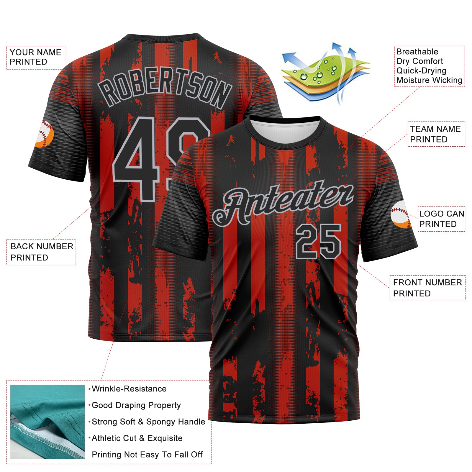 Custom Red Black-Gray 3D Pattern Vintage Vertical Stripe Fantasy Performance T-Shirt