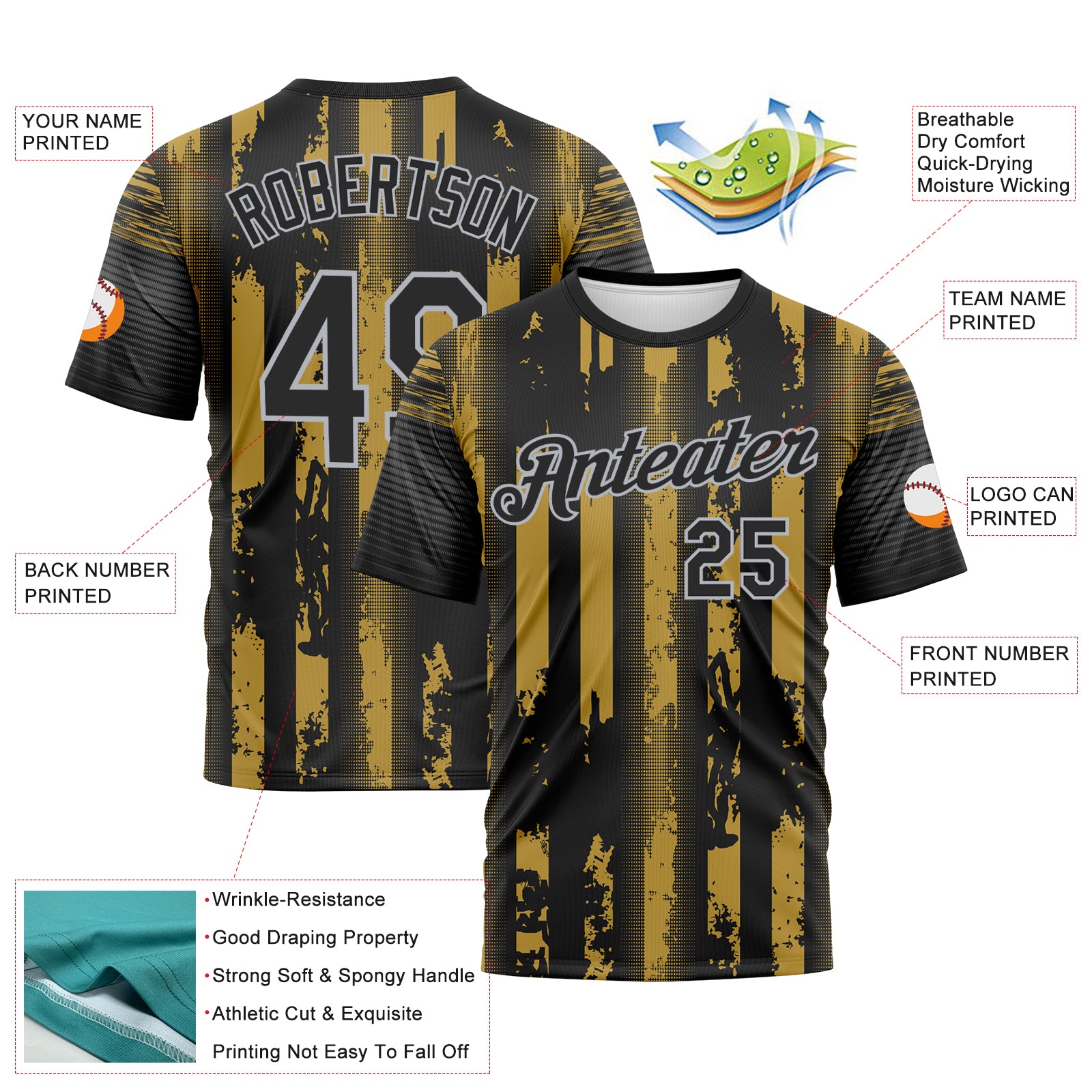 Custom Old Gold Black-Gray 3D Pattern Vintage Vertical Stripe Fantasy Performance T-Shirt