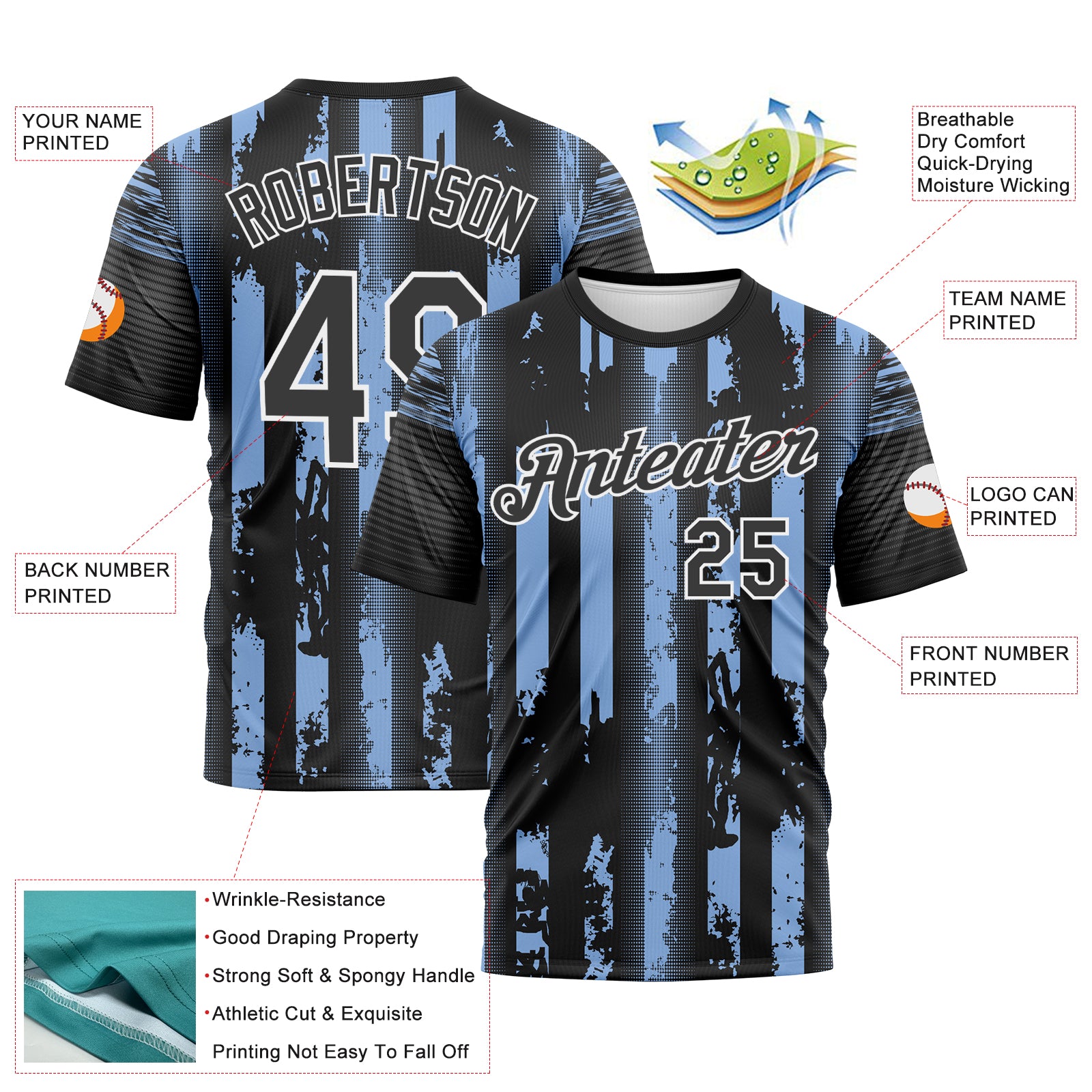 Custom Light Blue Black-White 3D Pattern Vintage Vertical Stripe Fantasy Performance T-Shirt