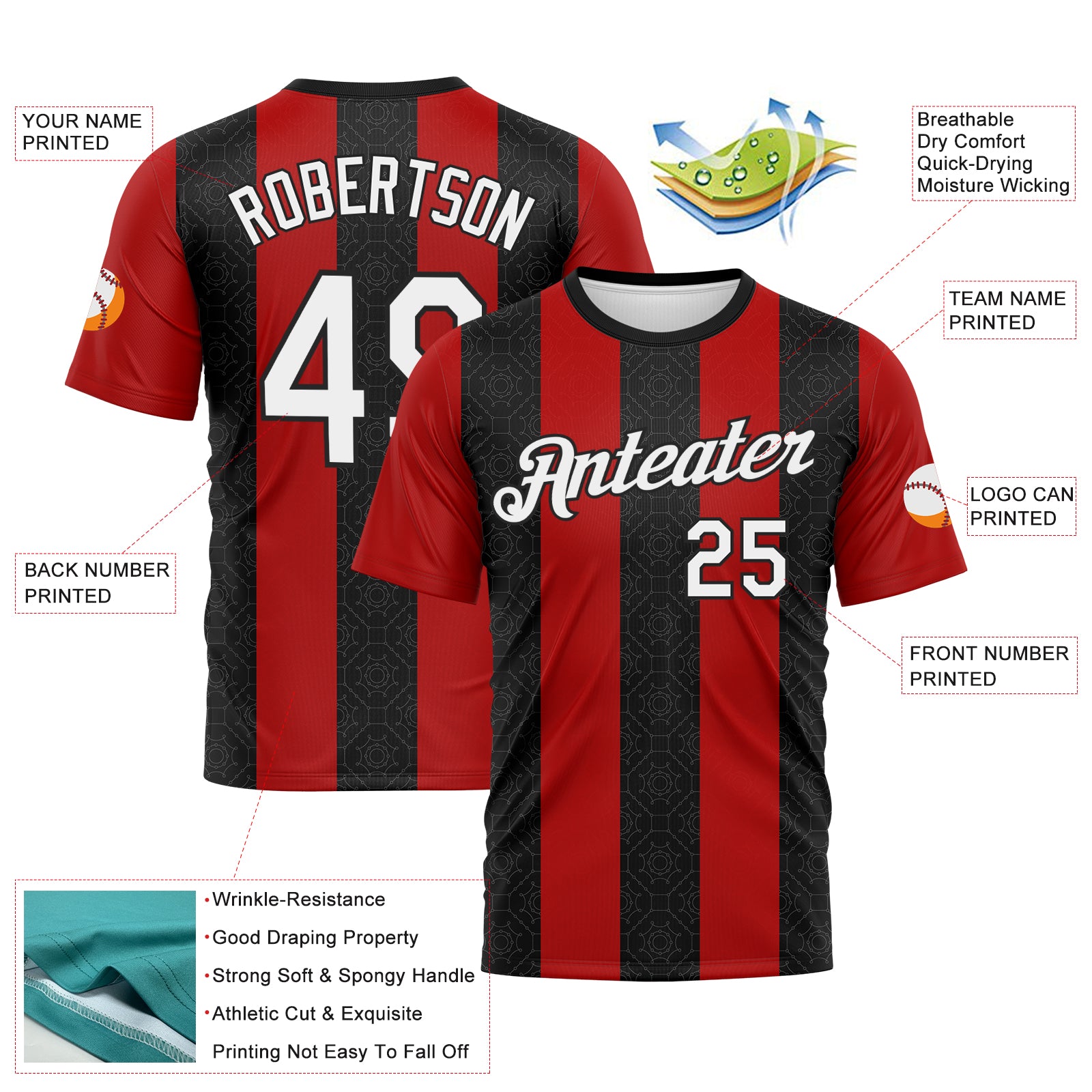 Custom Black White-Red 3D Pattern Vertical Stripe Geometric Performance T-Shirt