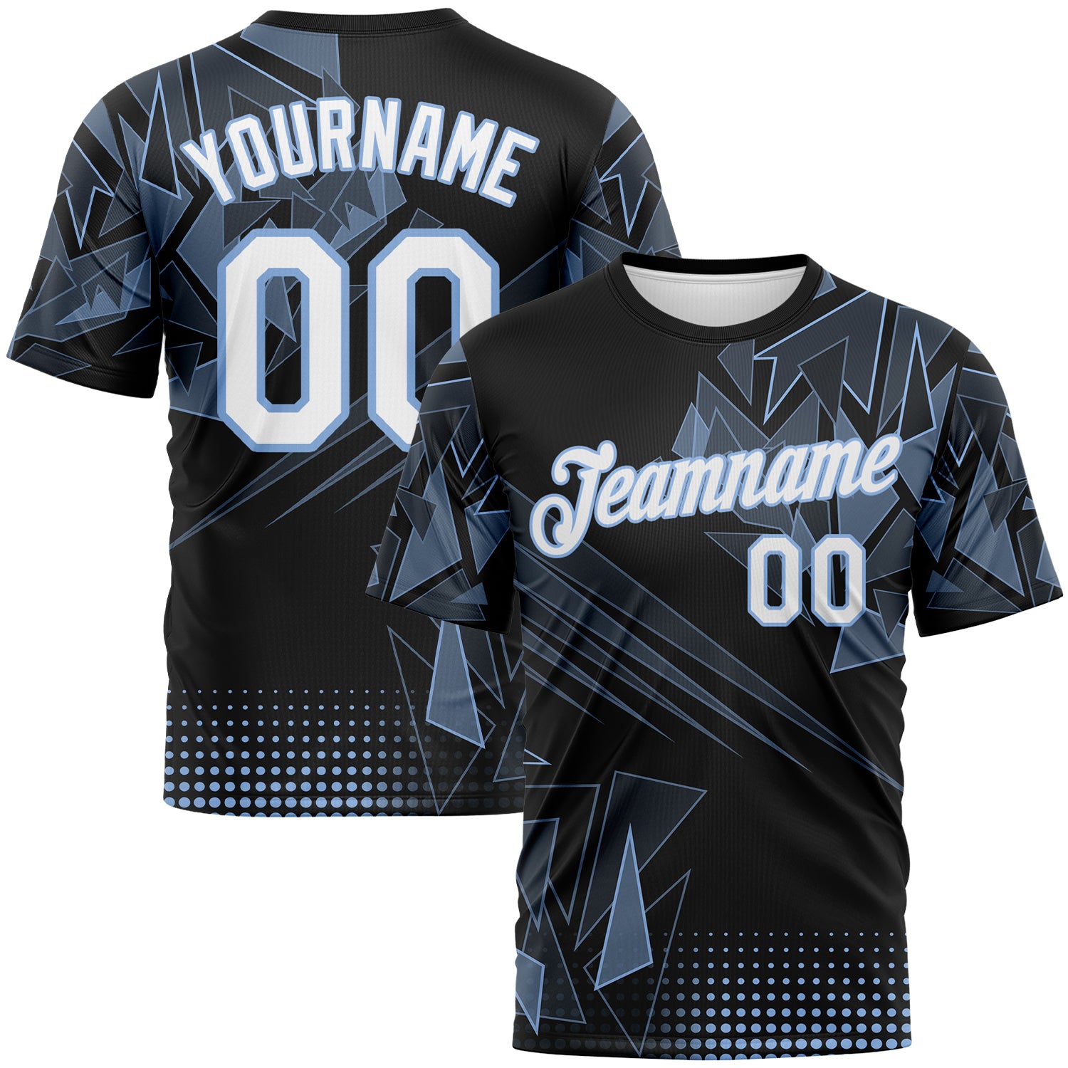 Custom Light Blue White-Black 3D Pattern Abstract Geometric Shattered Angular Performance T-Shirt
