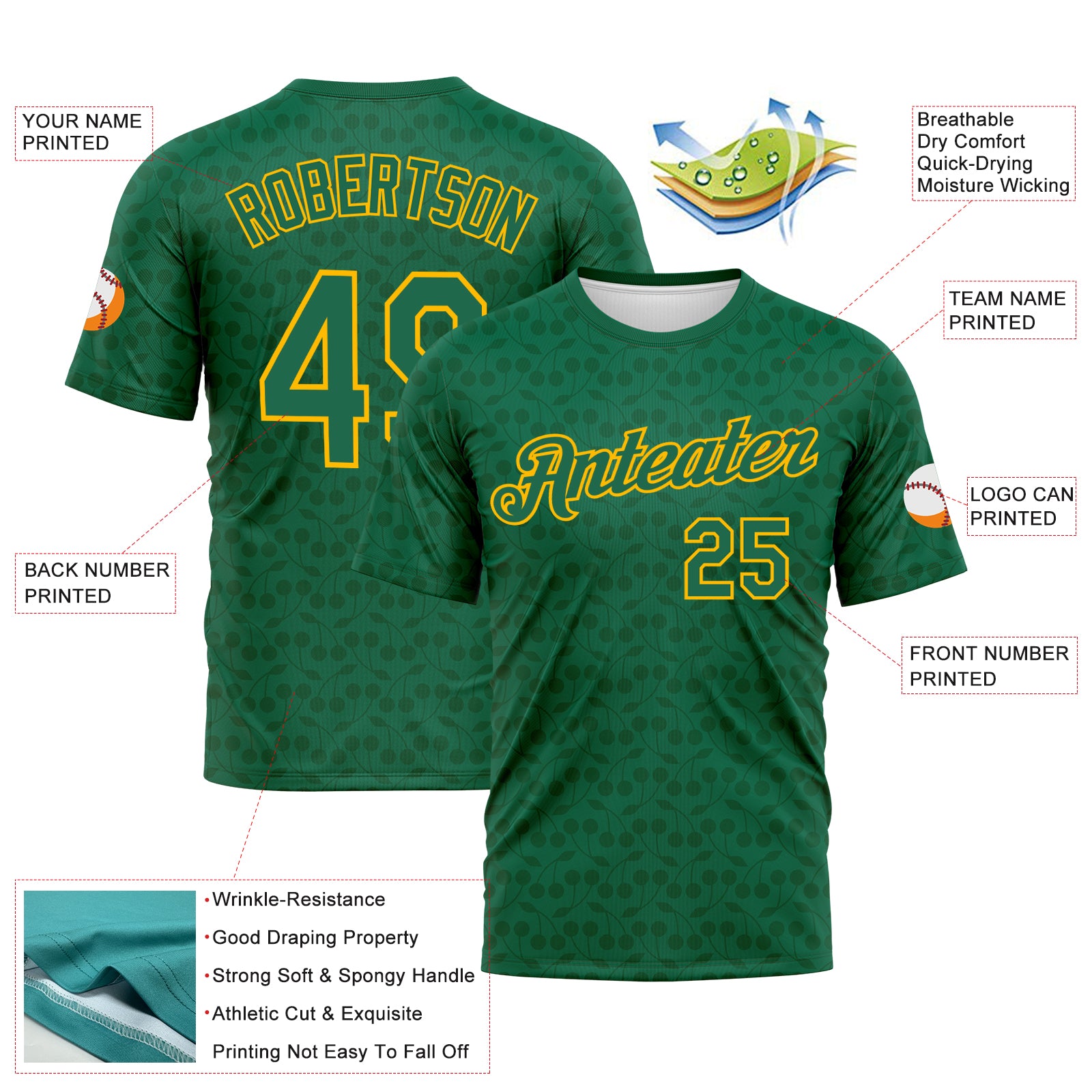 Custom Kelly Green-Gold 3D Pattern Tone-on-Tone Minimalist Sytle Performance T-Shirt