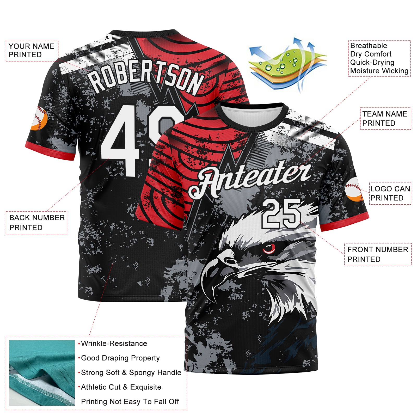 Custom Red White-Black 3D Pattern Aguila Eagle Grunge Style Performance T-Shirt