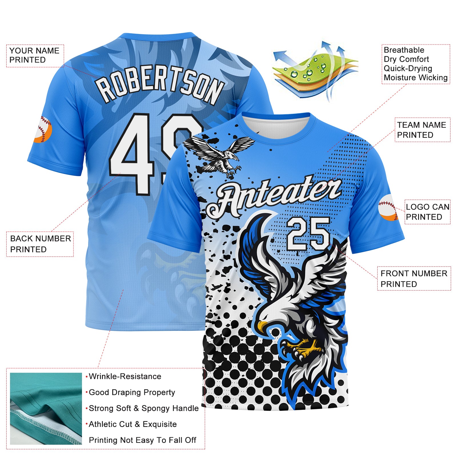 Custom Sky Blue White-Black 3D Pattern Aguila Eagle Performance T-Shirt