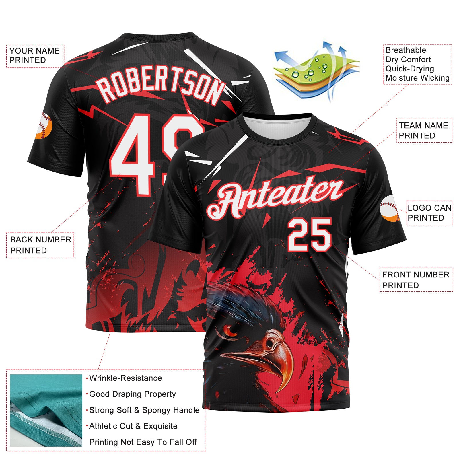 Custom Black White-Red 3D Pattern Aguila Eagle Performance T-Shirt