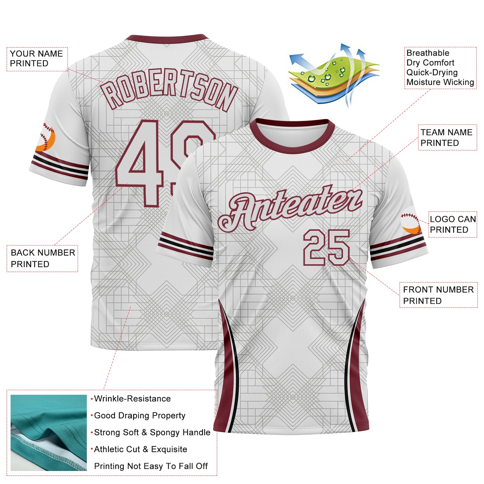 Custom White-Burgundy 3D Pattern Geometric Retro Athletic Performance T-Shirt
