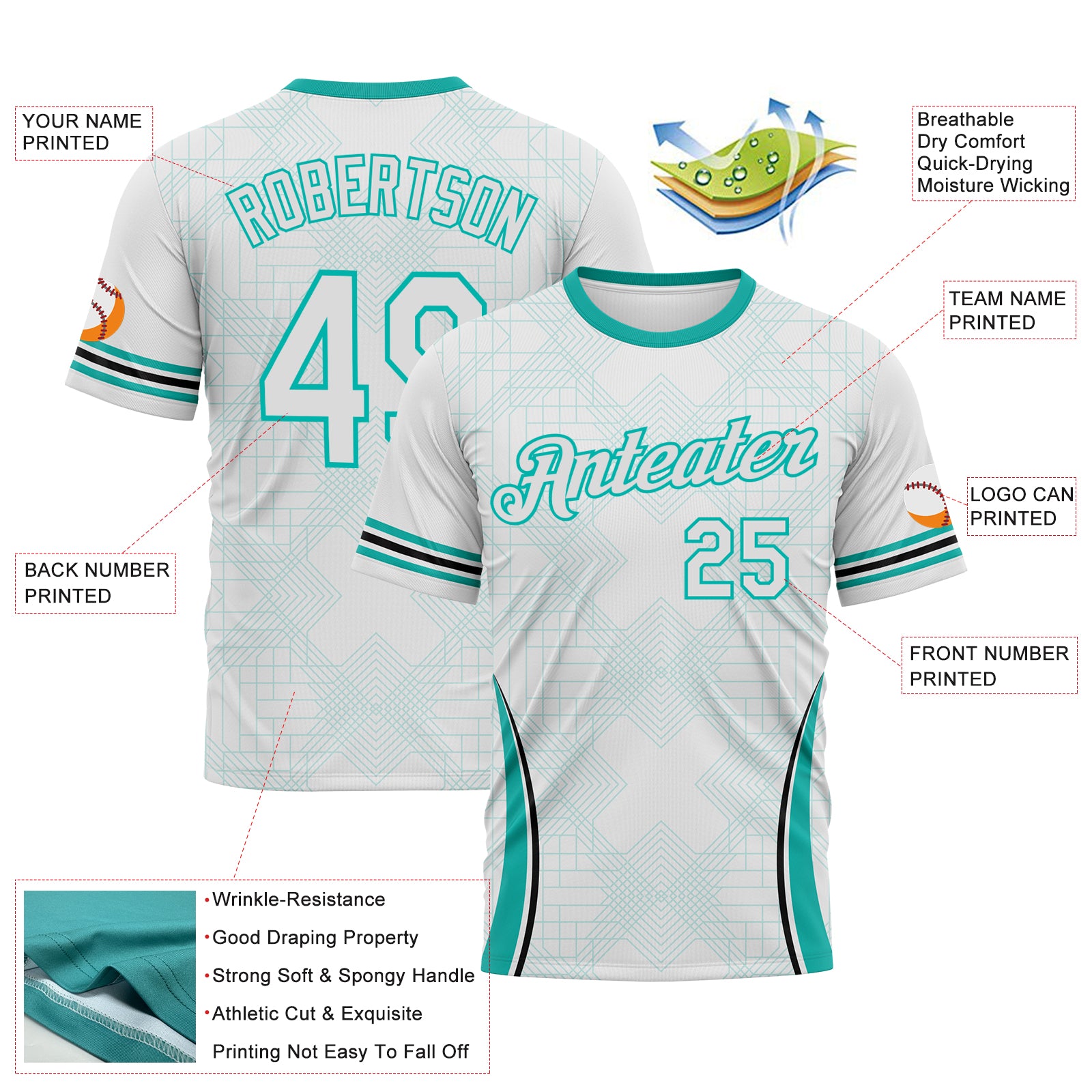 Custom White-Aqua 3D Pattern Geometric Retro Athletic Performance T-Shirt