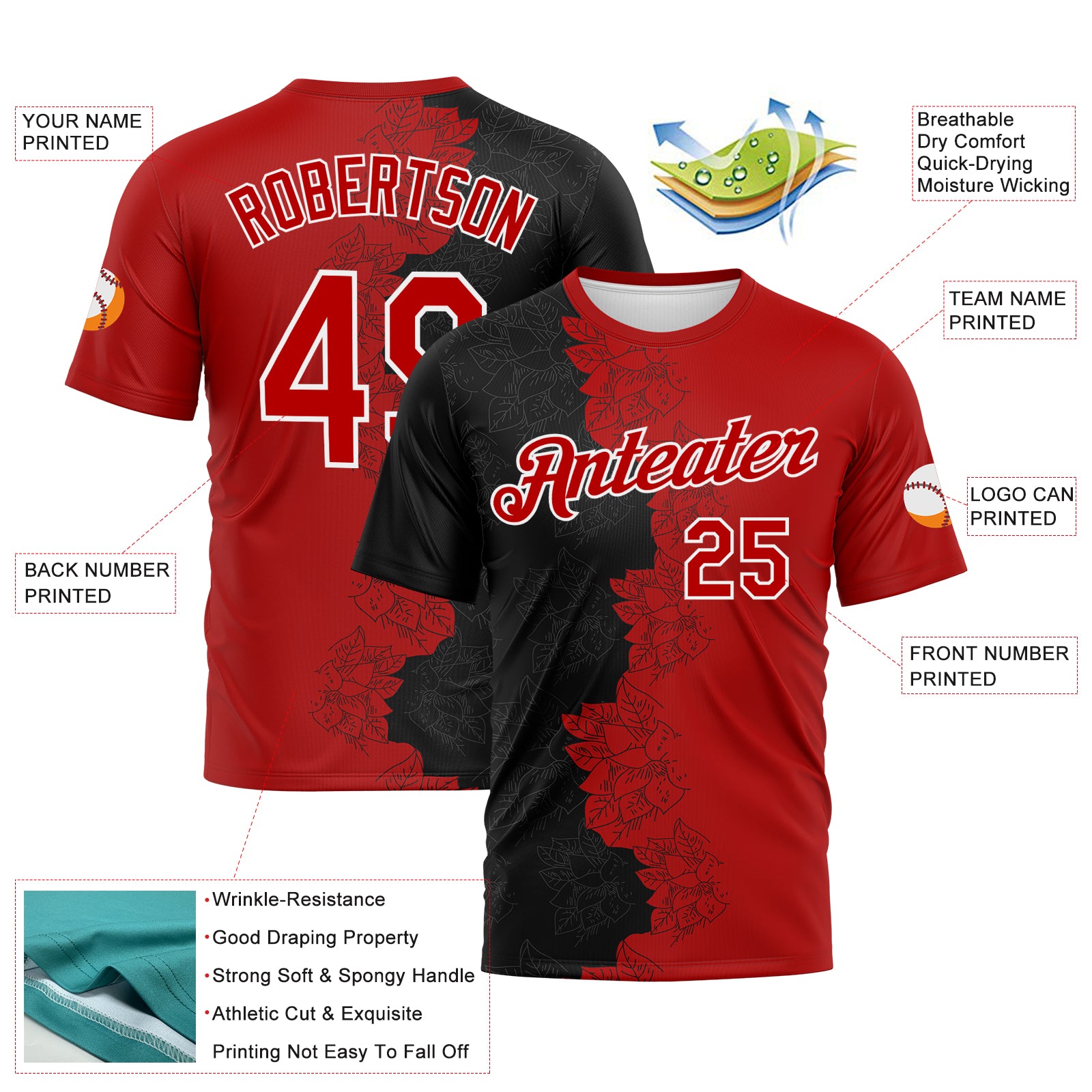 Custom Black Red-White 3D Pattern Flower Sketch Split Fashion Performance T-Shirt