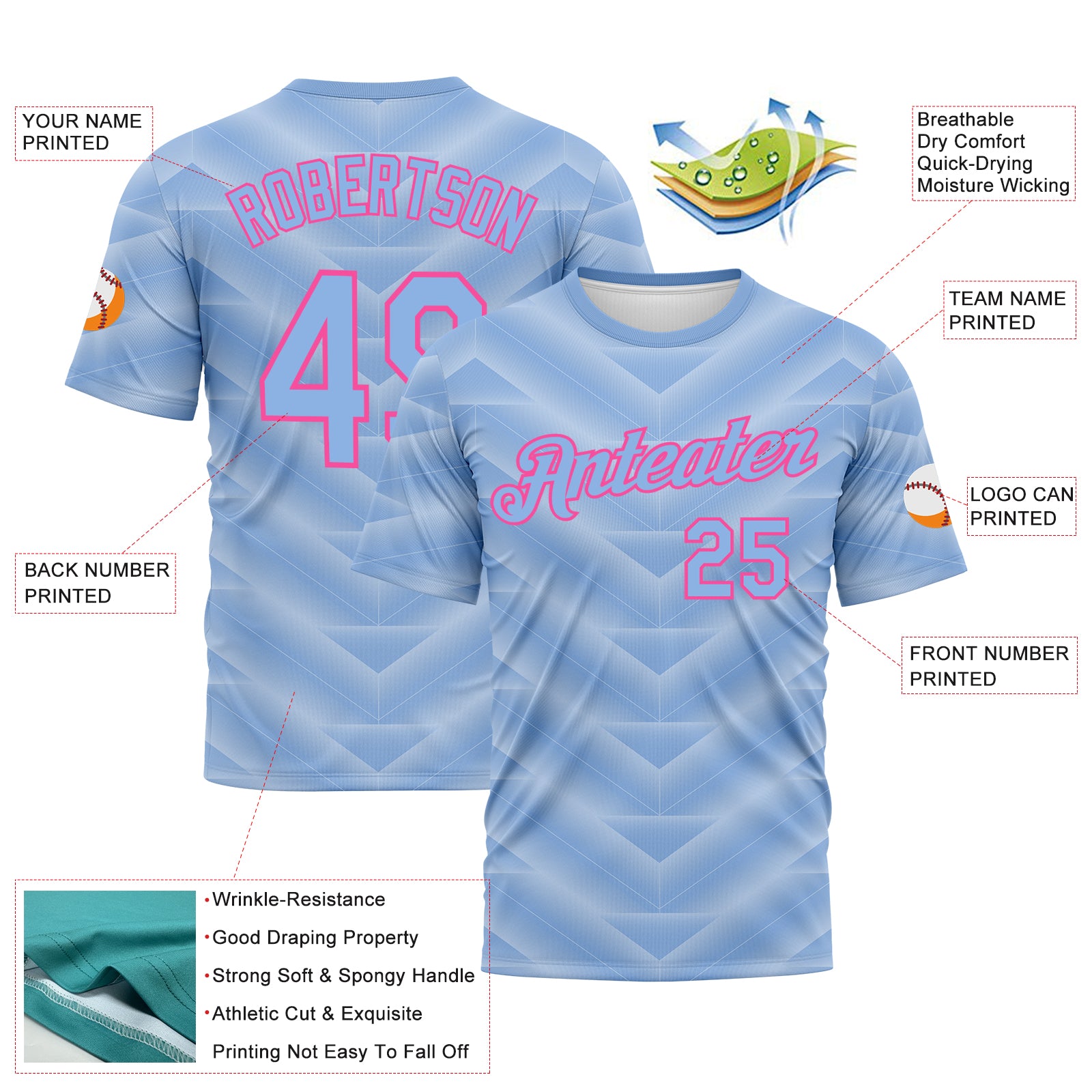Custom Light Blue-Pink 3D Pattern Geometric Chevron Texture Performance T-Shirt