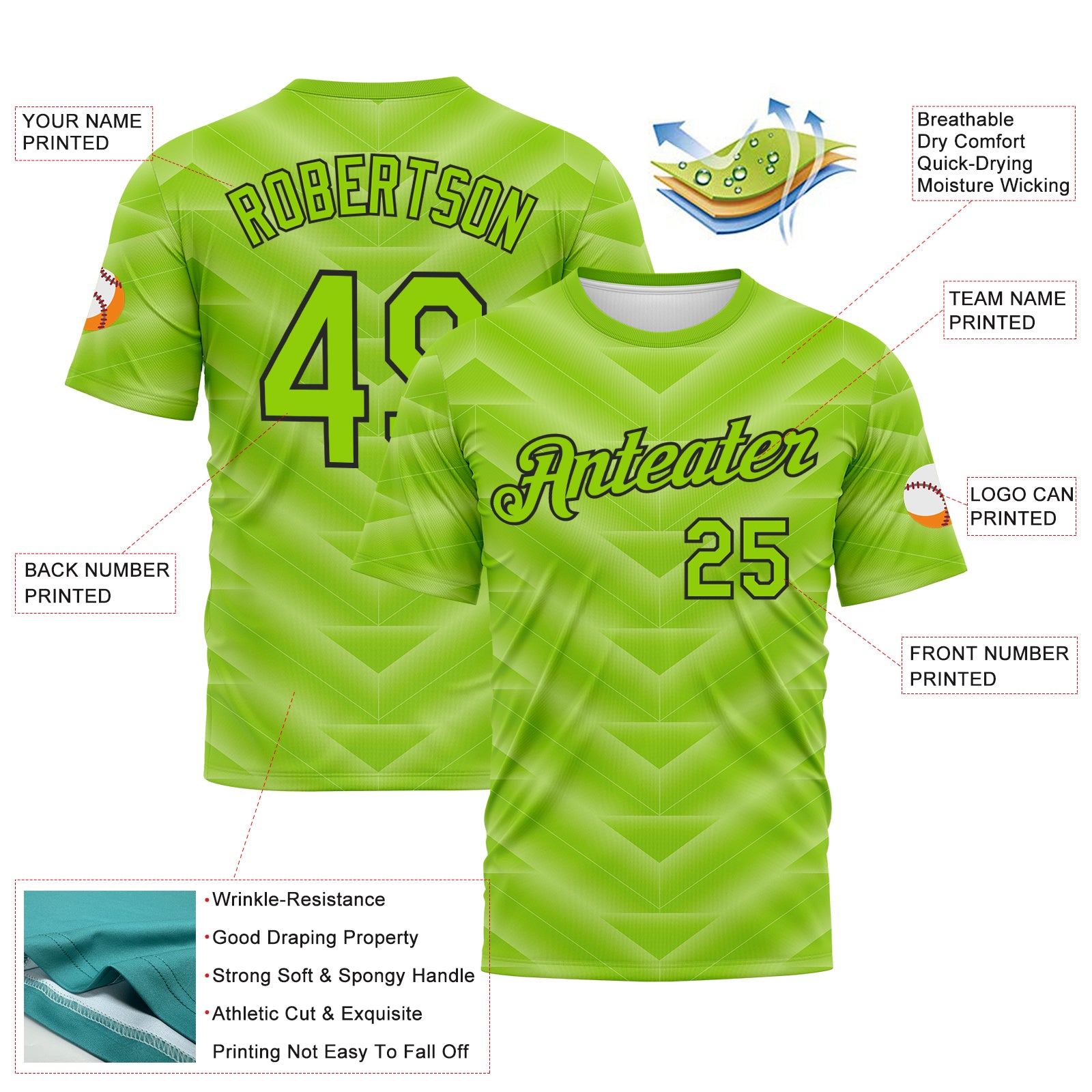 Custom Neon Green-Black 3D Pattern Geometric Chevron Texture Performance T-Shirt