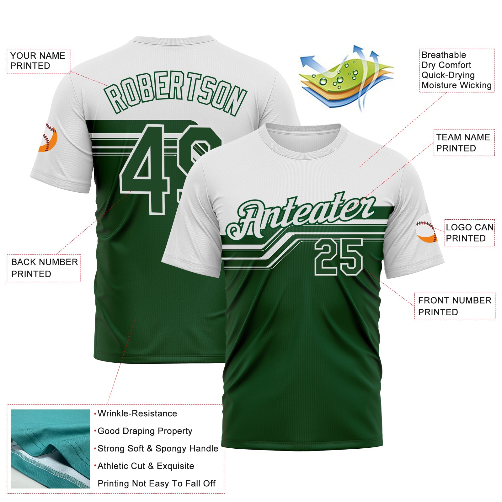 Custom White-Green 3D Pattern Varsity Style Retro Stripe Performance T-Shirt