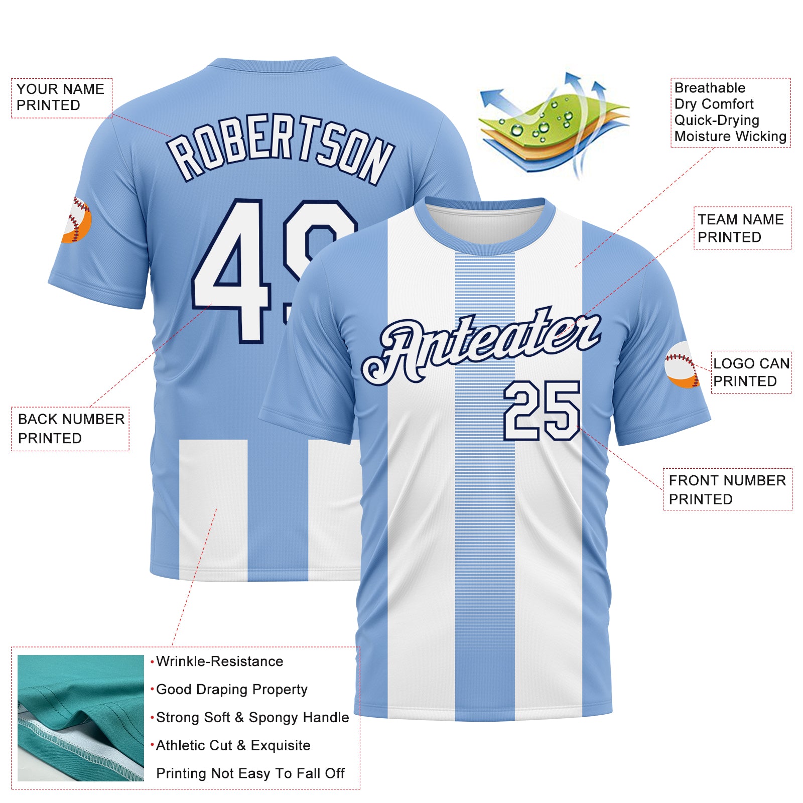 Custom Light Blue White-Navy 3D Pattern Vertical Stripe Vintage Style Performance T-Shirt