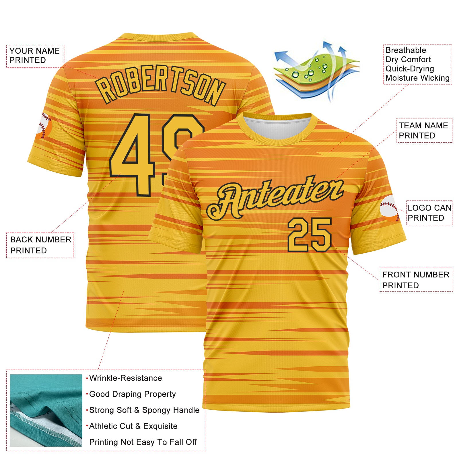 Custom Bay Orange Gold-Black 3D Pattern Dynamic Lineal Stripe Gradient Performance T-Shirt