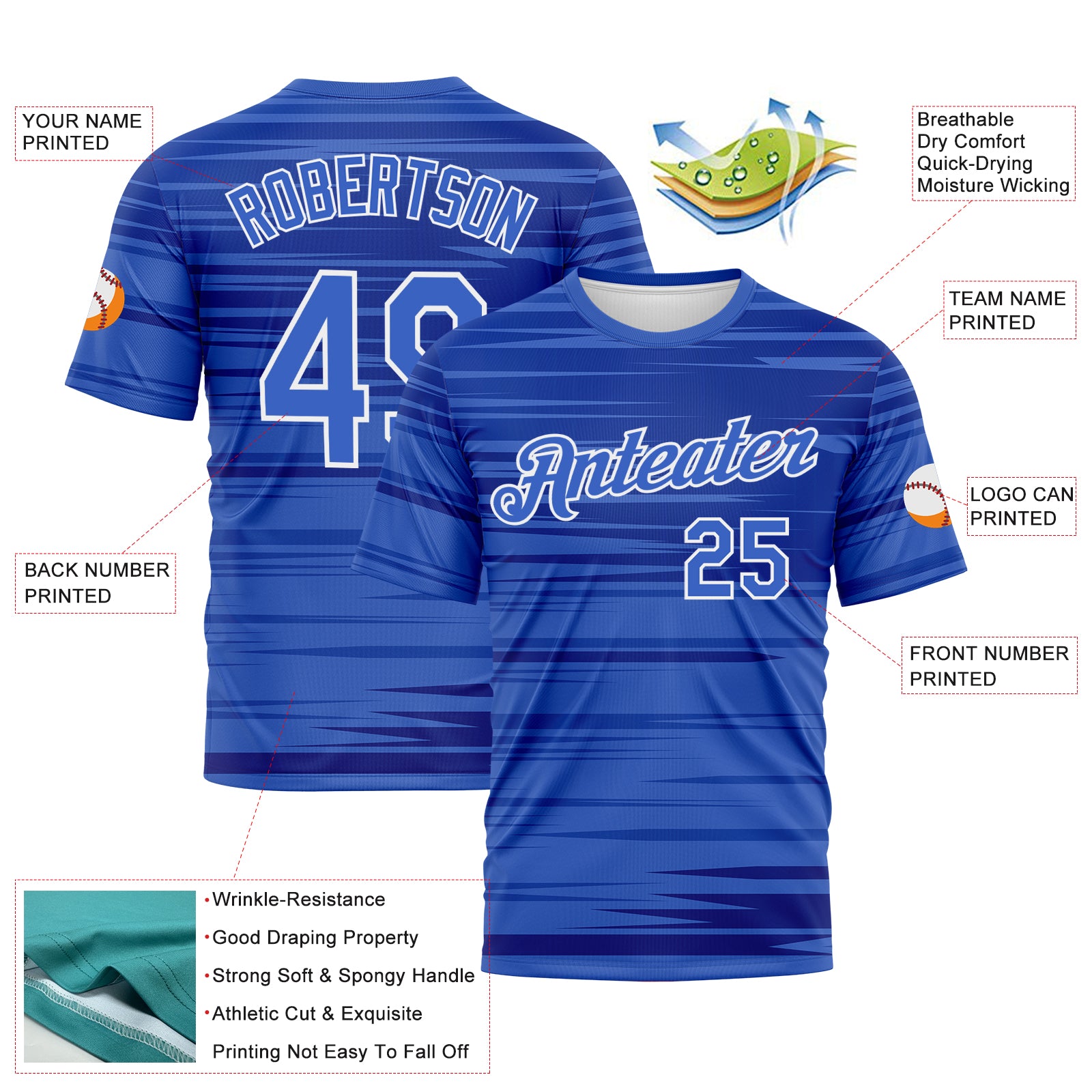 Custom Light Blue Royal-White 3D Pattern Dynamic Lineal Stripe Gradient Performance T-Shirt