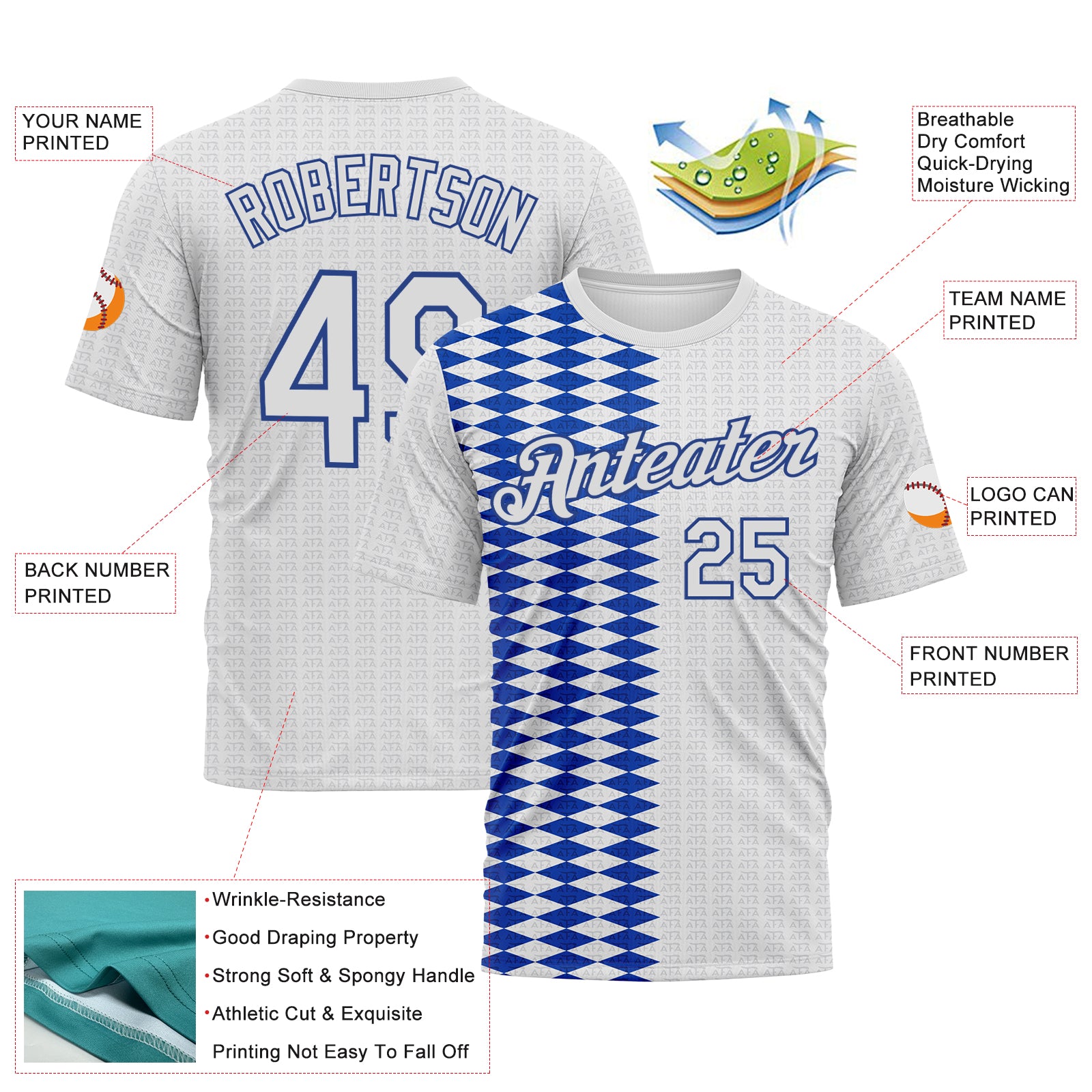 Custom White Thunder Blue-Gray 3D Pattern Classic Argyle Diamond Performance T-Shirt