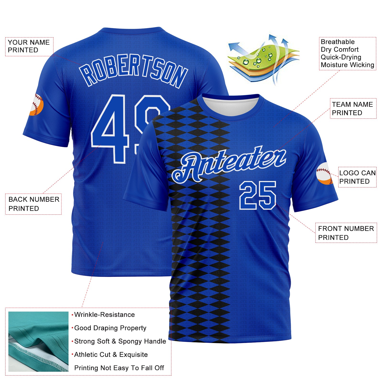 Custom Thunder Blue Black Royal-White 3D Pattern Classic Argyle Diamond Performance T-Shirt