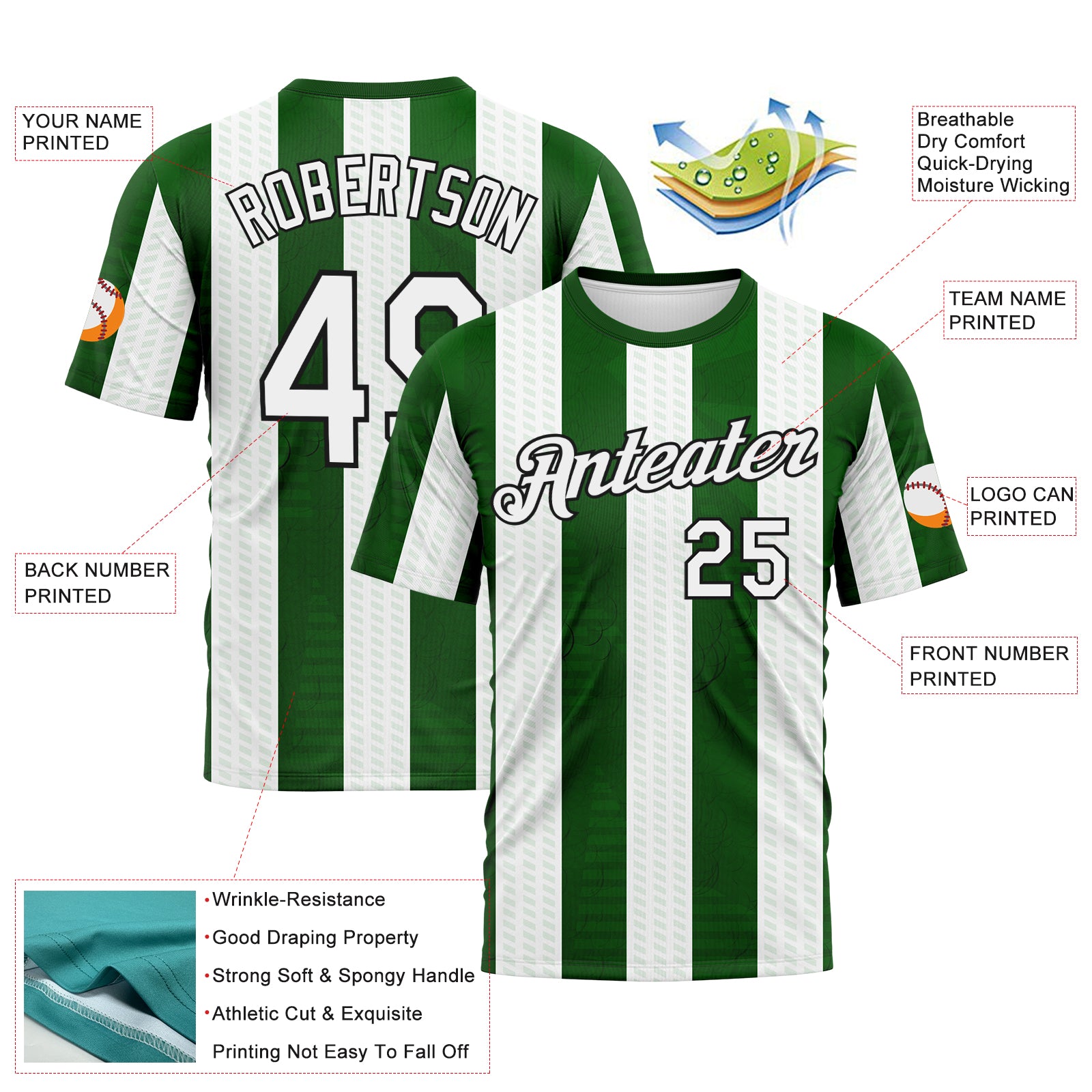 Custom Grass Green White-Black 3D Pattern Vertical Stripe Vintage Style Performance T-Shirt