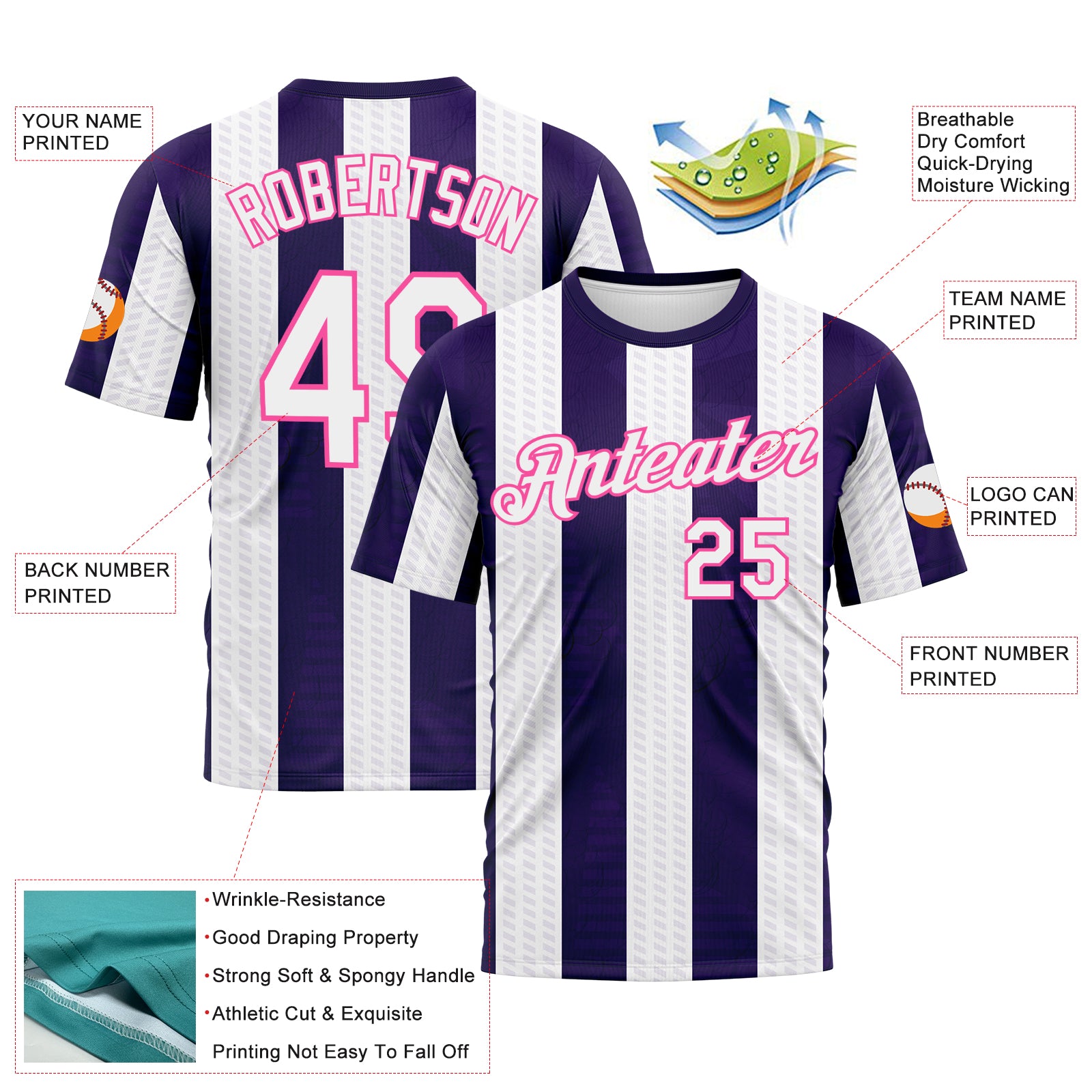 Custom Purple White-Pink 3D Pattern Vertical Stripe Vintage Style Performance T-Shirt