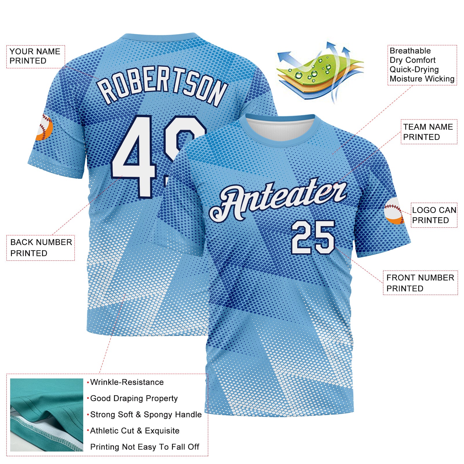 Custom Light Blue White-Navy 3D Pattern Geometric Abstract Triangle Gradient Performance T-Shirt