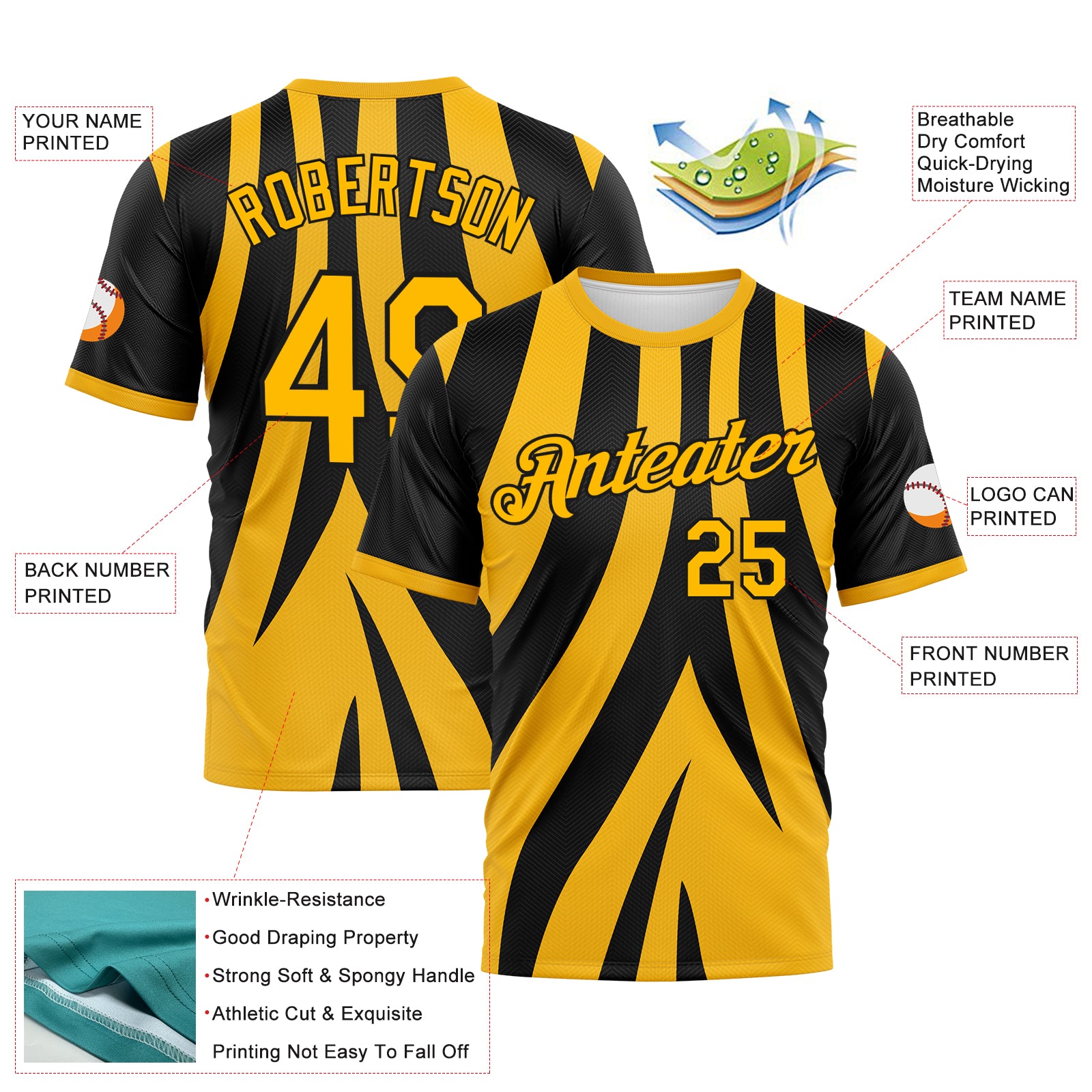 Custom Black-Gold 3D Pattern Jagged Stripe Abstract Geometric Performance T-Shirt