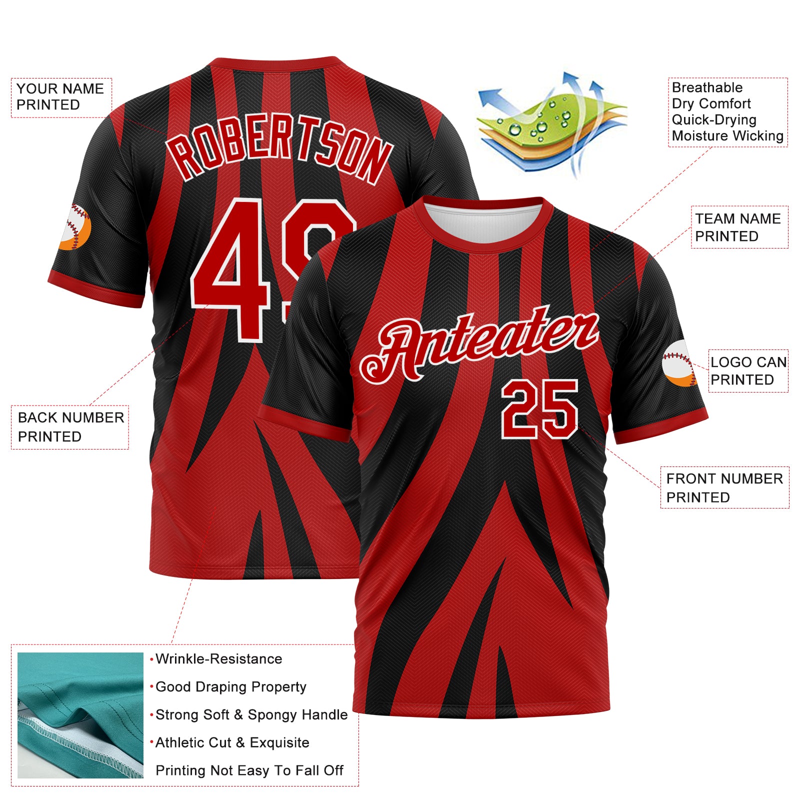 Custom Black Red-White 3D Pattern Jagged Stripe Abstract Geometric Performance T-Shirt