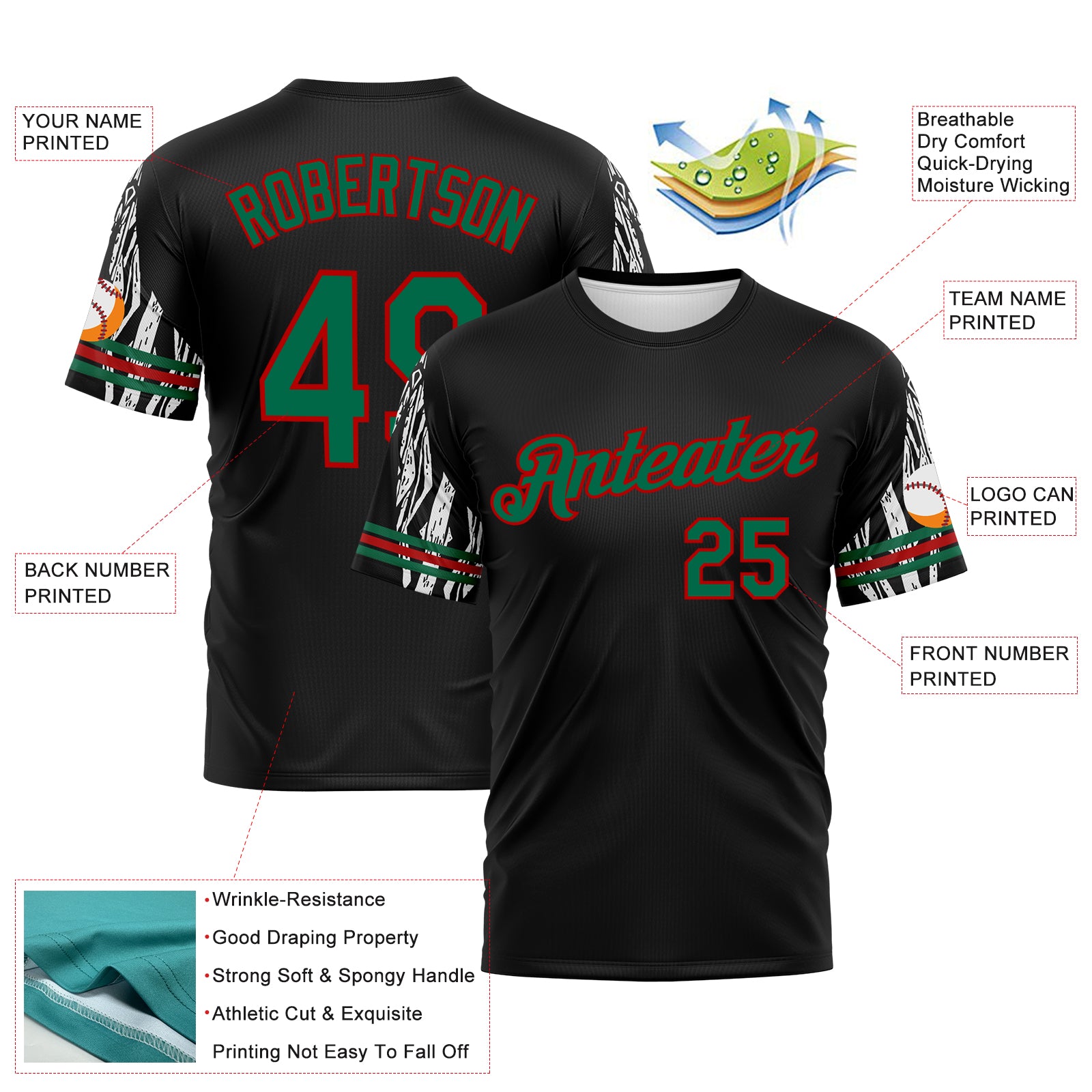 Custom Black Kelly Green-Red 3D Pattern Zebra Performance T-Shirt
