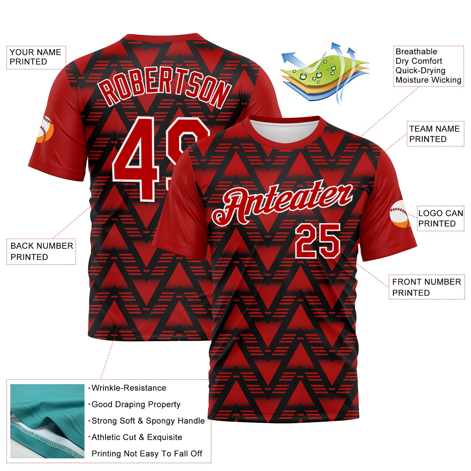 Custom Black Red-White 3D Pattern Geometric Diamond Performance T-Shirt