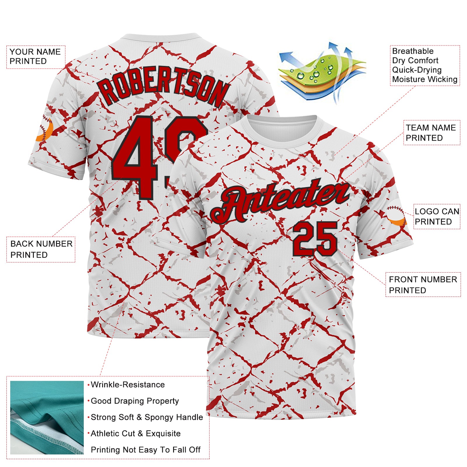 Custom White Red-Black 3D Pattern Chain Link Cracked Performance T-Shirt