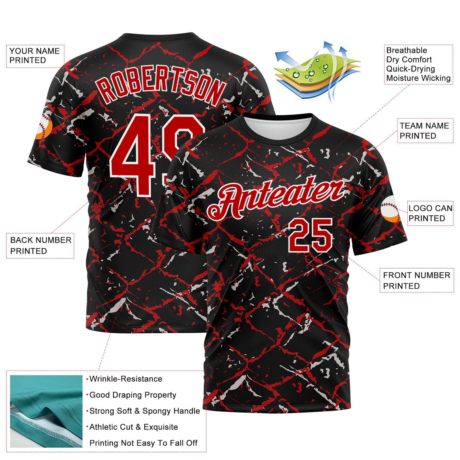 Custom Black Red-White 3D Pattern Chain Link Cracked Performance T-Shirt