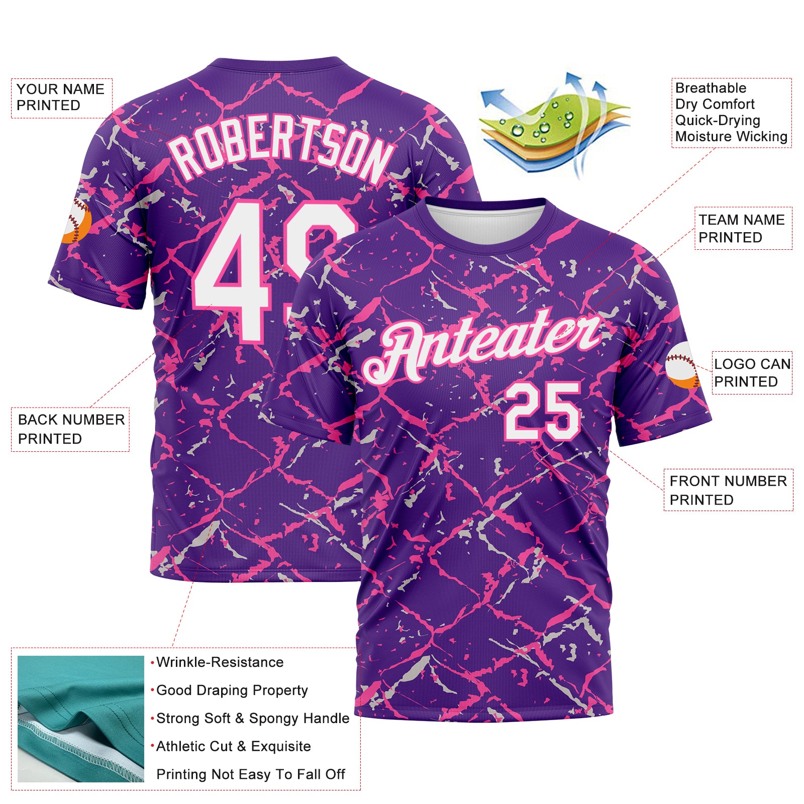 Custom Purple White-Pink 3D Pattern Chain Link Cracked Performance T-Shirt