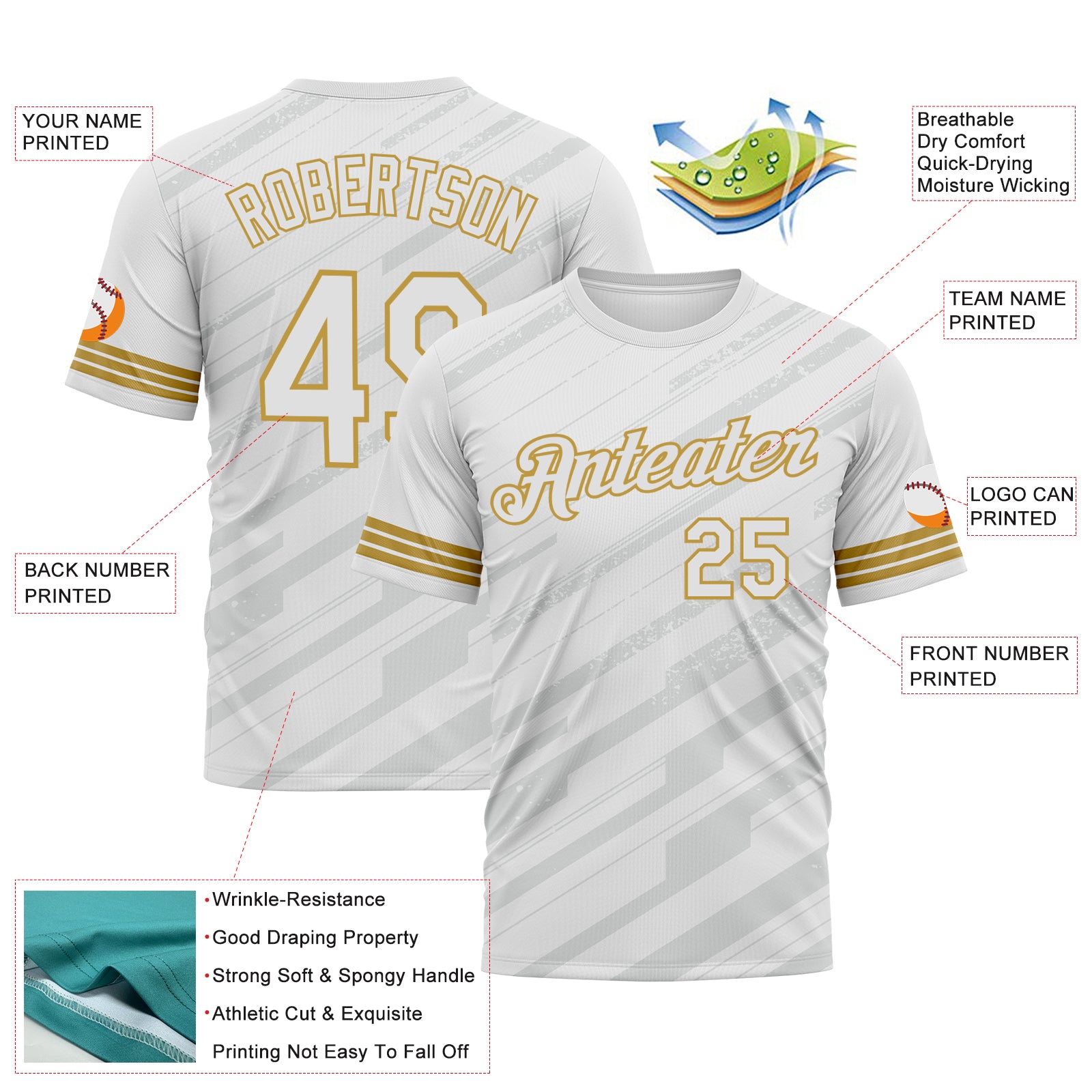Custom White Gray-Old Gold 3D Pattern Diagonal Stripe Speed Line Performance T-Shirt
