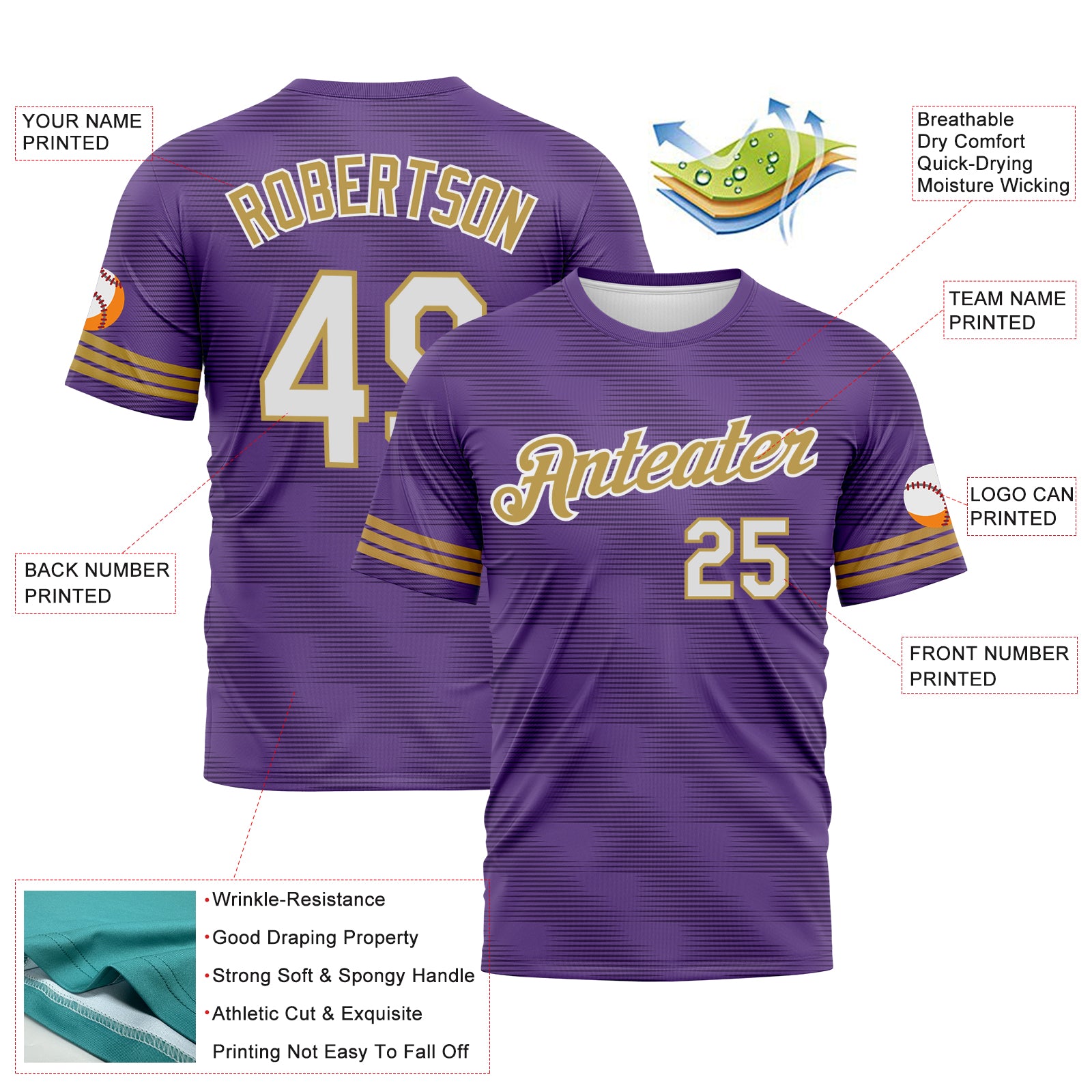 Custom Purple White-Old Gold 3D Pattern Phantom Subtle Grid Performance T-Shirt