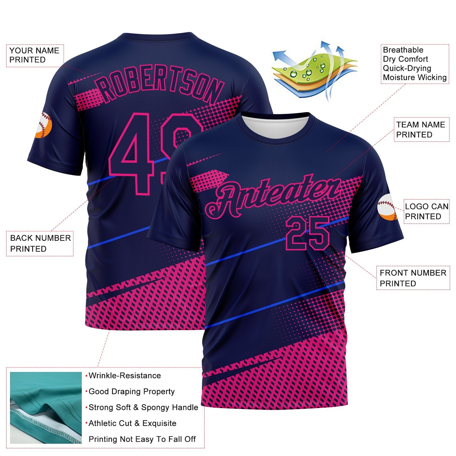 Custom Navy-Hot Pink 3D Pattern Diagonal Stripe Halftone Performance T-Shirt