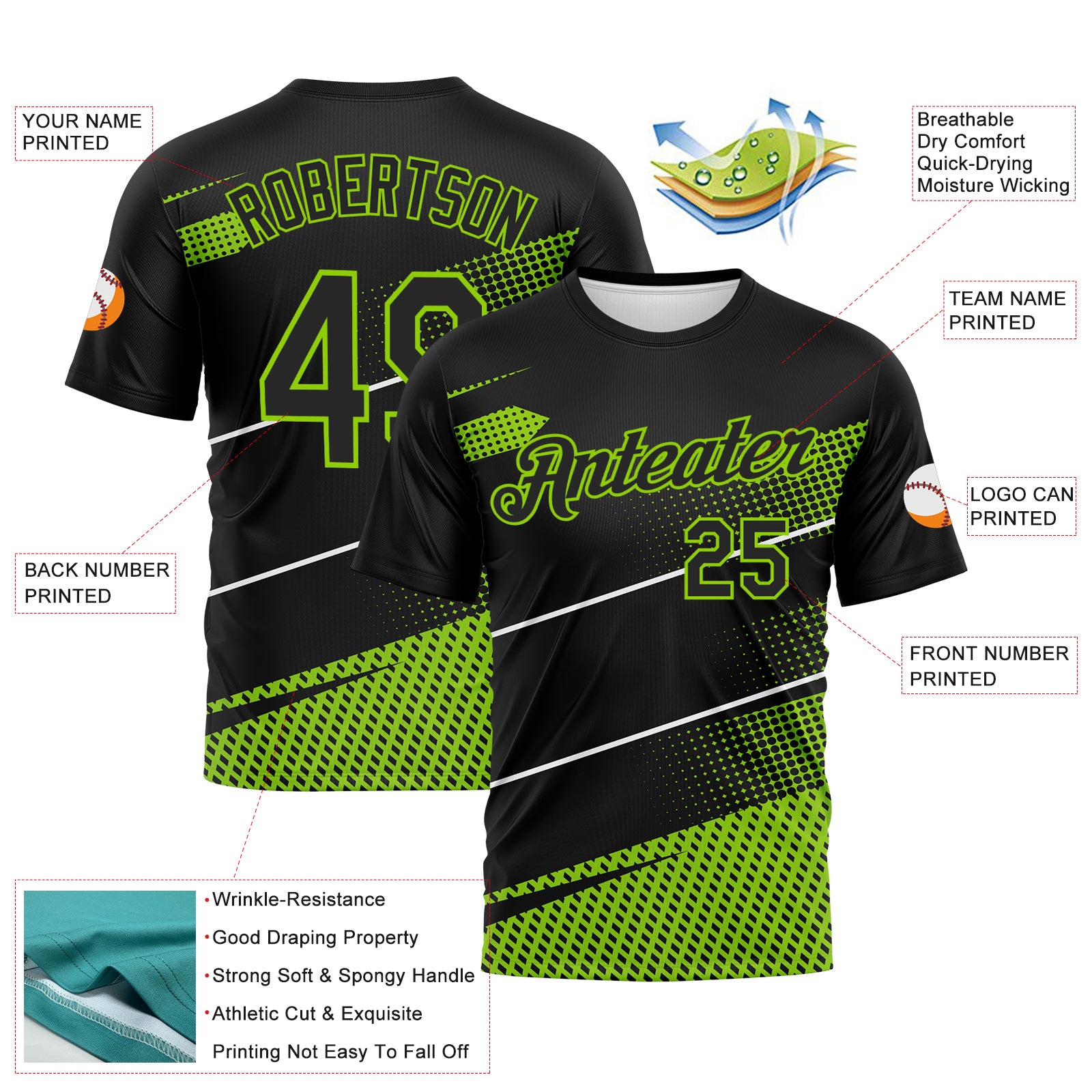 Custom Black Neon Green-White 3D Pattern Diagonal Stripe Halftone Performance T-Shirt