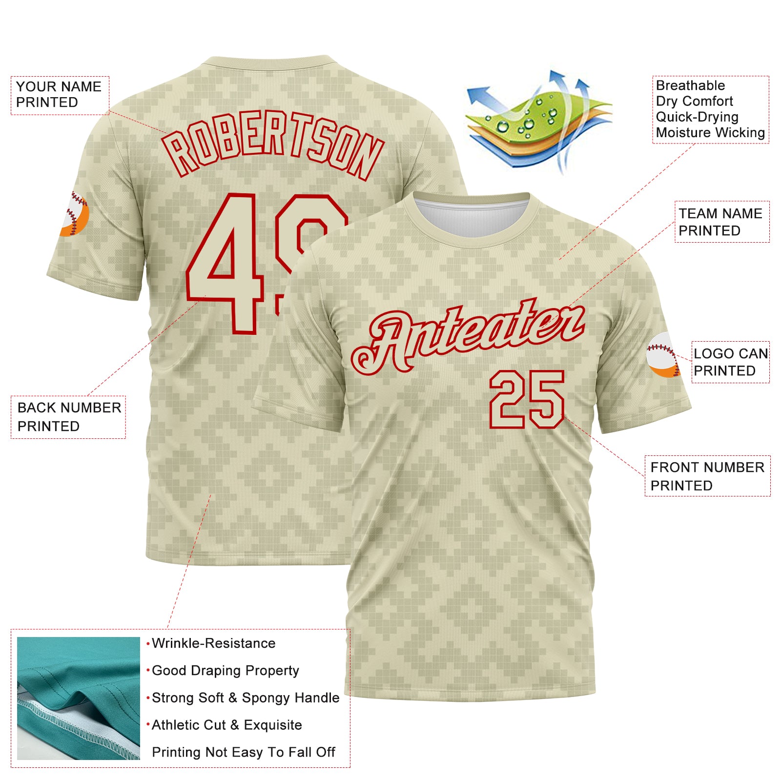 Custom City Cream-Red 3D Pattern Geometric Diamond Subtle Grid Performance T-Shirt