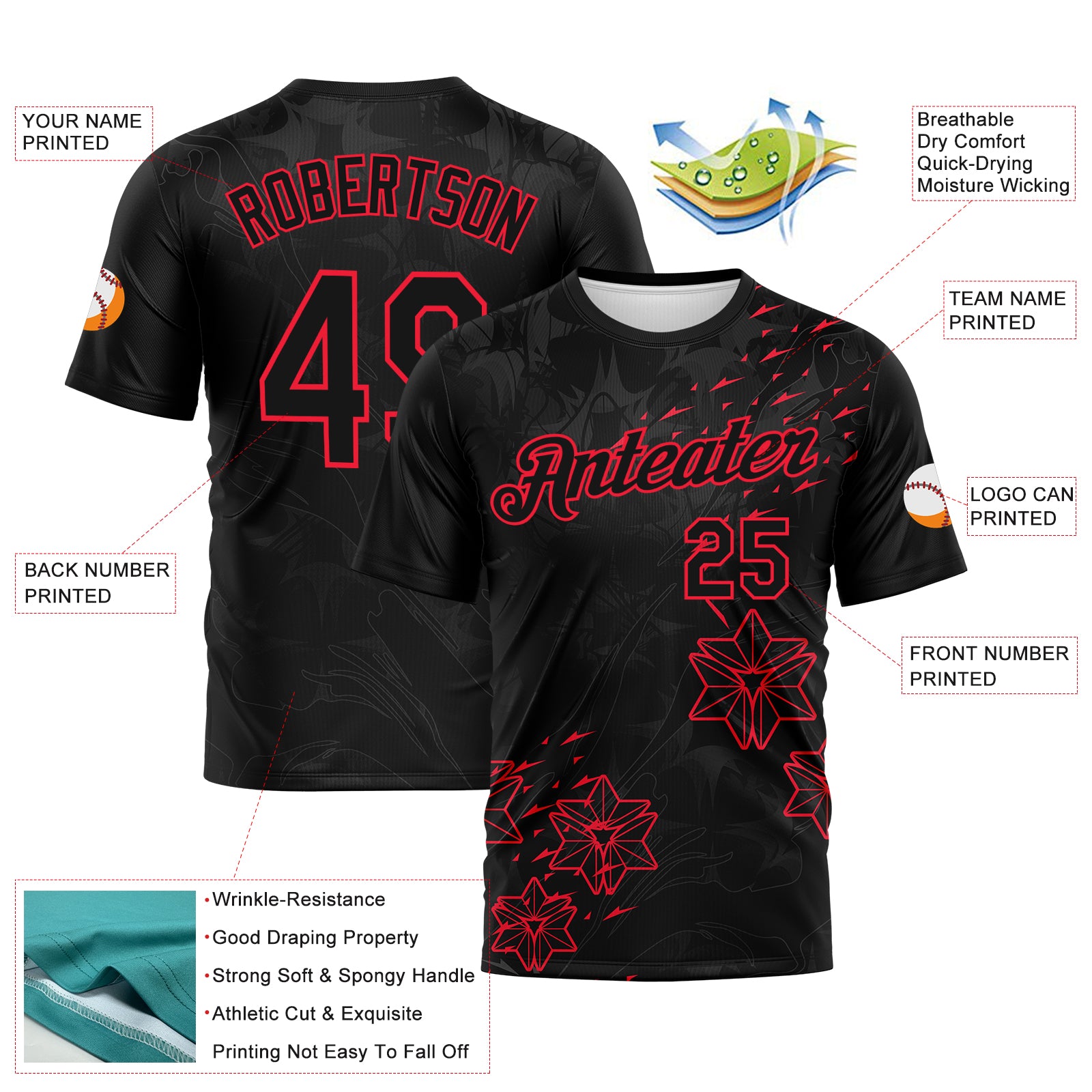 Custom Black-Fire Red 3D Pattern Geometric Star Smoke Effect Performance T-Shirt